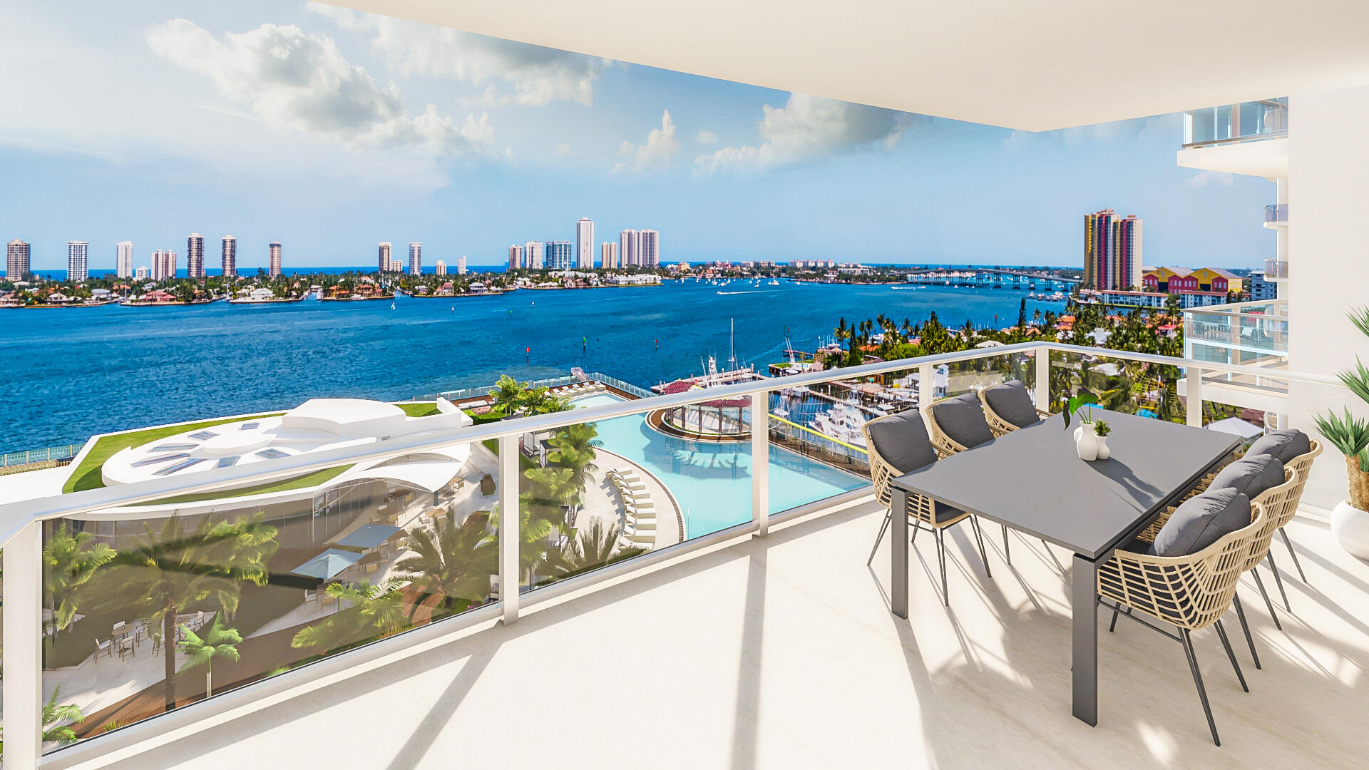 Discover waterfront luxury at Nautilus 220! Corner residence boasts a 500+ sq. ft. wrap-around terrace with stunning east-facing Intracoastal & Atlantic views. Start your mornings with sunrise coffee or host evening dinners under the stars, a true outdoor oasis. Step off your private elevator into an exclusive foyer, where elegance meets functionality. The open-concept design, Meile appliances, wine cooler, impact glass, 10 ft ceilings/ floor-to-ceiling windows offering tons of natural sunlight. Beyond your home, indulge in Nautilus 220's world-class amenities: a resort-style pool, fitness center, 2 pools, putting green, yoga deck ,bowling, spa, fire pit, dog park, theatre, sports simulator, guest suites, valet, 24 hour concierge & David Burke's renowned Seahawk Prime restaurant.