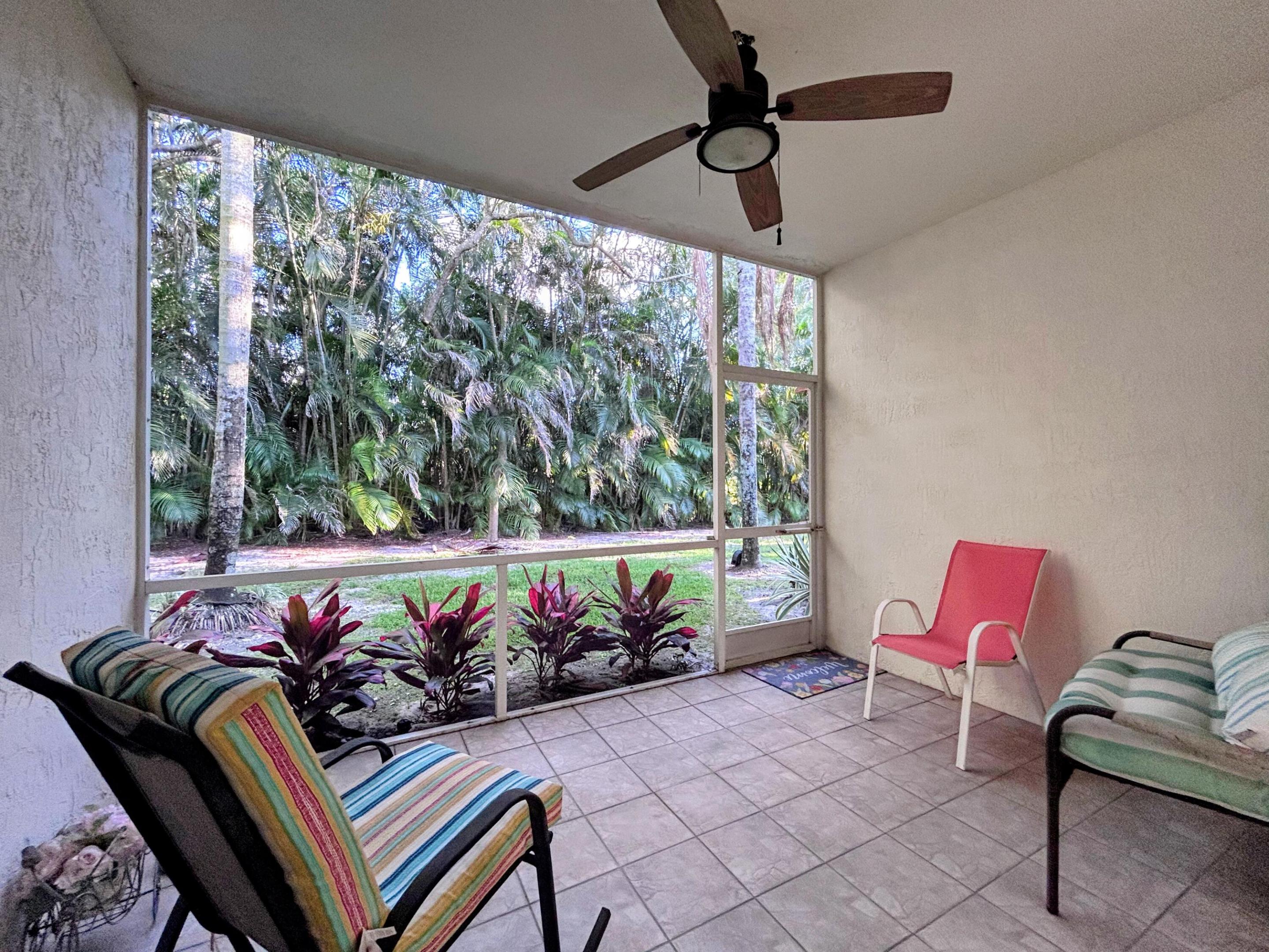 The Grove is a lovely, 55+ community with great amenities including large clubhouse, pool, several tennis and pickleball courts, & putting green. The condo is a first floor only corner unit with a 1-car garage. Additional parking is available across the street by the mailboxes. Spacious, open living with large living/dining room, eat-in kitchen, large master with walk-in closets, LED lights and ceiling fans, high ceilings, tile flooring, separate laundry room with new washer and dryer and brand-new water heater. Guest bath remodeled with new tub-shower combo, vanity and toilet. Also, a screened patio for peaceful outdoor living. The home is conveniently located next to the FL turnpike for easy and quick access to both FLL and PBI airports, near restaurants, stores and doctor offices.