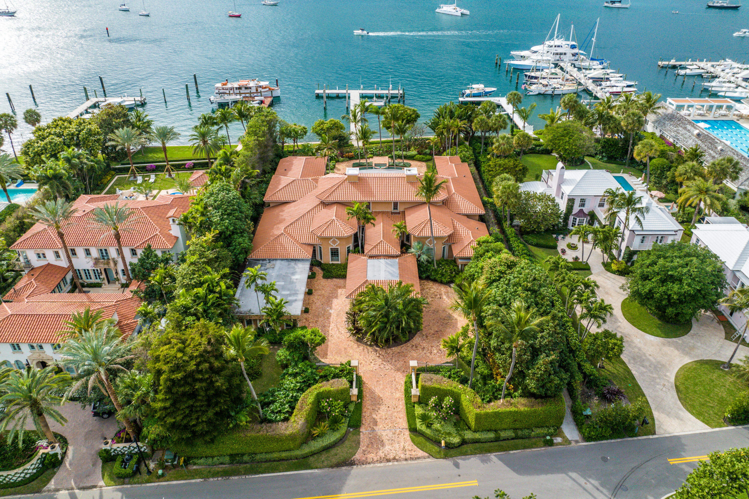 A boater's Dream! 
This property has the largest water frontage currently on the market in Palm Beach. It extends along 137.9 'offering stunning views in this deep water area of the intra-coastal.  The home provides 5 bedrooms plus 3 staff quarters, soaring ceilings, and gracious outdoor entertainment space. A bonus to this property is the convenient deeded beach access at the coveted cabana on Ocean Terrace.