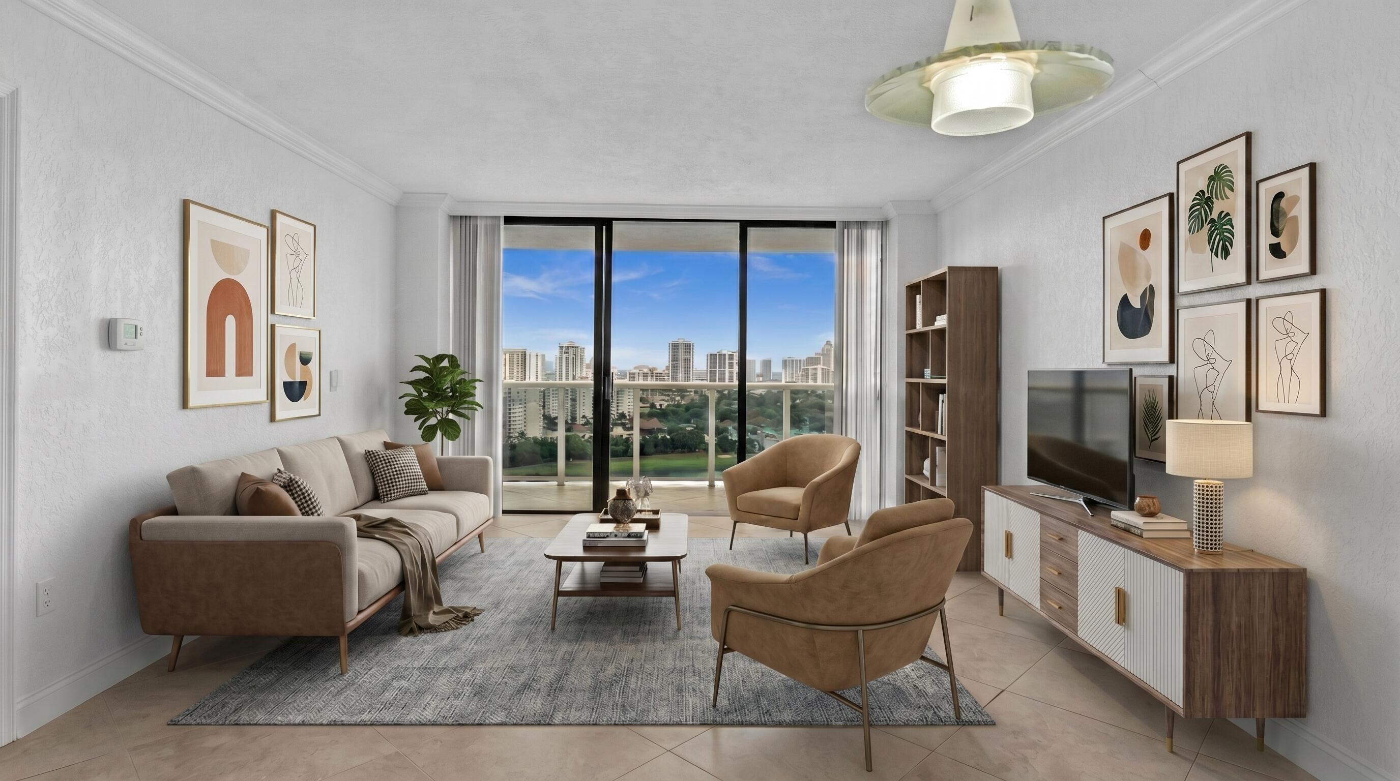 Enjoy an active lifestyle in this stunning 24th-floor condo with sweeping views of the Turnberry Golf Course. This beautifully updated 1-bedroom, 1.5-bath residence offers an open kitchen with granite countertops, all-tiled floors, and a spacious design perfect for modern living. 24 Hr Security and Lobby reception.  Located just steps from Aventura Mall, top restaurants, and cultural attractions—and only 5 miles from the beach—you'll have the best of city convenience and coastal relaxation. The building also offers resort-style amenities to complement your lifestyle.