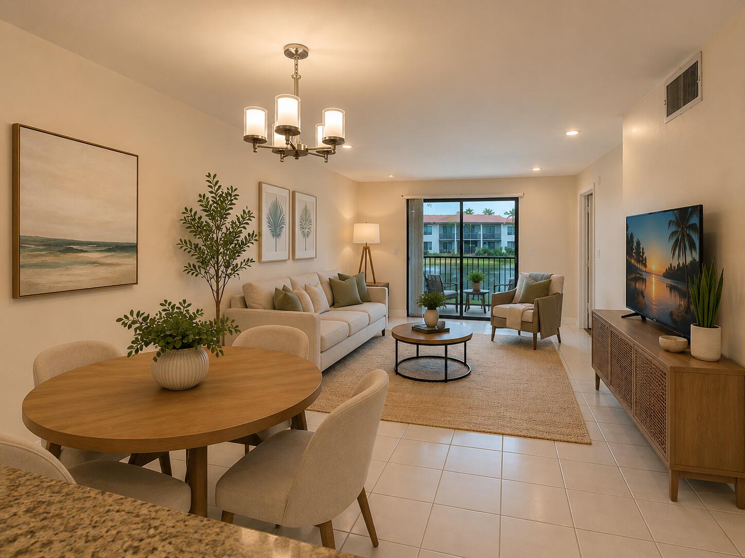Waterfront corner unit with lake views from the living room, primary bedroom, and screened-in porch. Bright with easy to clean tile flooring throughout, recessed lighting, granite counters, rich wood cabinetry, stainless steel appliances, breakfast bar, double sink, window in kitchen and brand-new dishwasher. Spacious primary suite features a walk-in closet and oversized vanity with extra storage. Enjoy a scenic lake trail with benches, pool with shaded cabanas, and on-site laundry facilities. Walk or stroll to Publix, Starbucks, Aldi, CVS, Dollar Tree, Grove Market, and places of worship. Desirable corner location offers added privacy and more windows. Centrally located near turnpike and i-95. Quick move-in HOA approval in approximately 2 weeks. 650+ Credit score. A Rated School District.