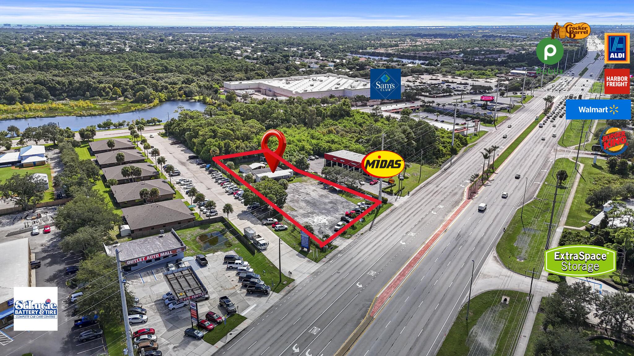 155 foot frontage on US-1. Situated on the east side of US-1 between Port St Lucie Blvd to the north and Lennard to the south. Highest traffic volume on US-1 in St. Lucie County. Strategic location. Outstanding exposure to local traffic. Currently used car lot offering repair services. Owner closing up shop. Property being sold without existing business. Business sold separately. 34,412 square foot lot. Over 3/4's of an acre of land. The general commercial zoning offers a wide variety of uses. Existing shop is a manufactured home plus large covered work area in the back. Additional storage sheds included. Large paved parking area in front facing US-1.