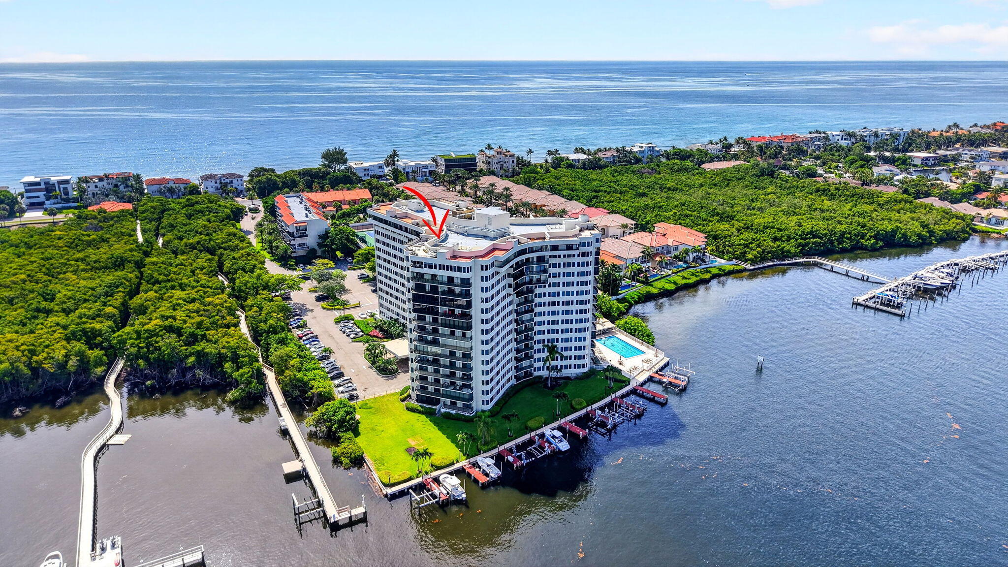 Rare opportunity to own a 2-bedroom, 2-bath residence in the highly desirable Regency Highland Club with one of the building's coveted private boat slips—one of only 18 available. The included boat slip features an 8,000-pound lift and offers direct Intracoastal access with no fixed bridges, making it a true rarity for boating enthusiasts.  This spacious condo is ready for your personal touch and offers an excellent opportunity to renovate and create your ideal waterfront retreat. The functional floor plan features an open living and dining area, a generous primary suite, and a private balcony off the living room, where you can enjoy beautiful Intracoastal views and coastal breezes. Highland Beach's premier waterfront communities, offering private deeded beach access directly across A1A, two heated pools, two fitness centers, tennis and pickleball courts, social and card rooms, BBQ areas, covered garage parking, and additional on-floor storage. The professionally managed community is known for its strong financial reserves, providing added confidence for owners and buyers.
