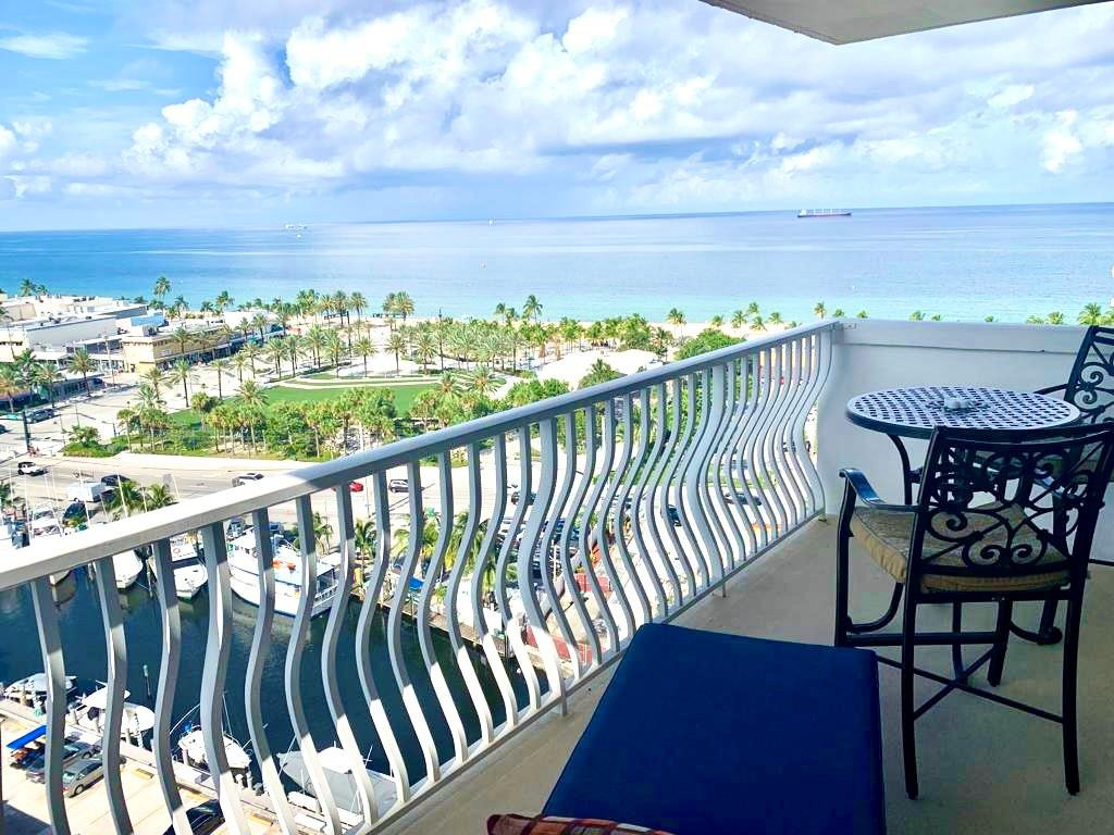 Stunning views of the Atlantic Ocean, Intracoastal Waterways, the canal and the new Las Olas Oceanside Park from this 14th floor beautiful condo located just across from the beach. See the sunrise everyday. Split floor plan with two bedrooms / two bathrooms nicely renovated. The Venetian is a very desirable "Resort style" condominium with Tiki Bar, Spa, Pool, Gardens, Library w/ free WiFi, 24hr Security, table tennis/ping-pong, billiard and a large fitness center. Conveniently located just minutes away from the downtown business and entertainment district and a short drive to the FLL International airport. One of the few boat docking facilities situated on Las Olas, beach and Intracoastal areas with no fixed bridges. Dockage as available. Location, location, location! A must see!! Internet and basic cable are included in the low monthly maintenance fee. New AC and new Water Heater and new plumbing and electrical connection.  $10K spent...