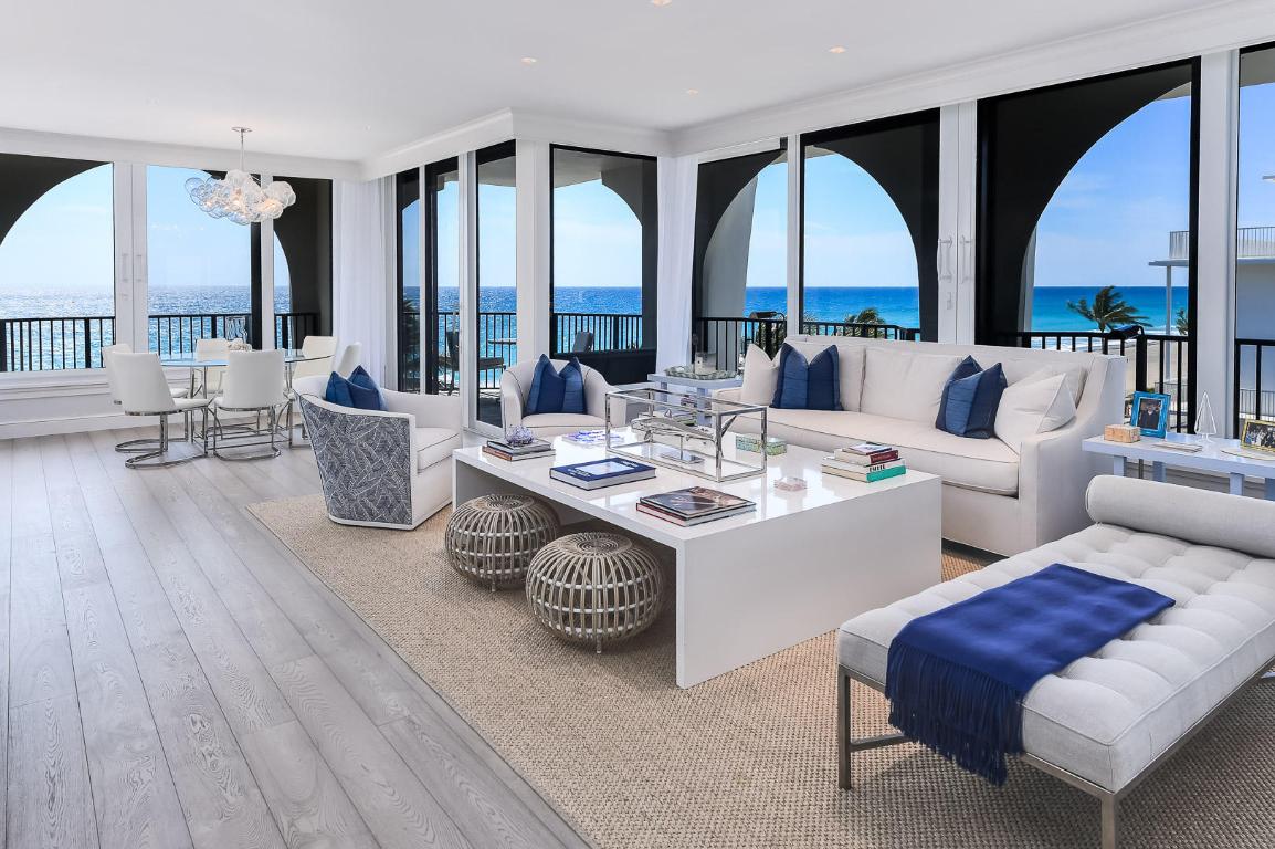 Rarely available high floor, SE facing, direct oceanfront, 3 bedroom + den/office, 3.5 bathroom in sought after newly redesigned, boutique In-town condo, close to Worth Avenue. The most exquisite and detailed custom renovation with unobstructed views of the Atlantic and beautiful outdoor terrace. Features include high ceilings, wide plank oak floors, gallery with coffered ceilings, custom millwork and lighting, stunning kitchen with top of the line appliances, Butler's pantry with wine storage, Sonos system with hidden speakers, Hurricane impact glass, built-ins, automatic shades, and dual master baths. This is a once a in lifetime opportunity not to be missed!