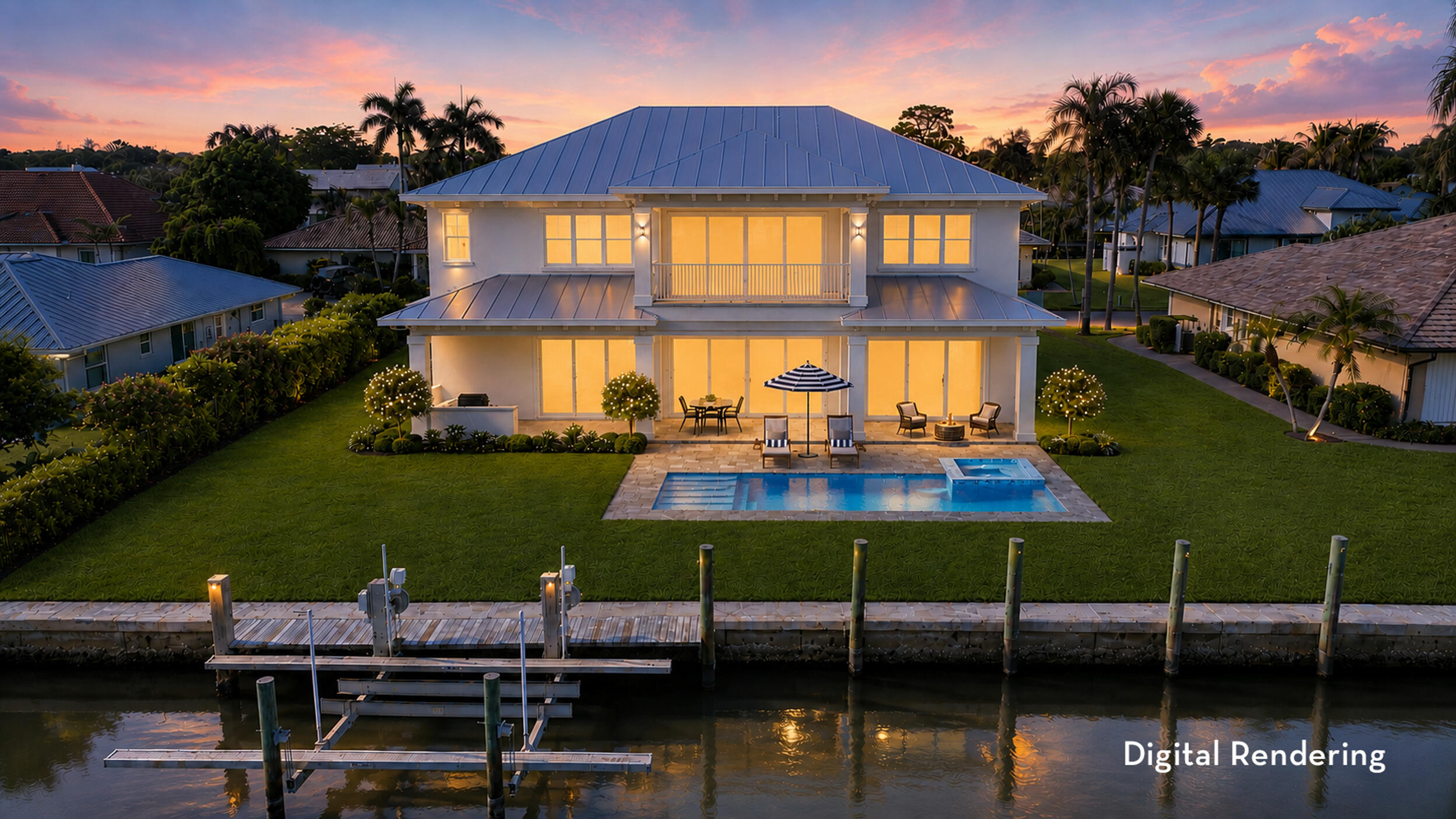 Located in The Soundings, this waterfront residence is currently under construction with an anticipated completion date of late September to early October, presenting a rare opportunity to own a newly built 4-bedroom plus office home in one of Hobe Sound's most desirable boating communities. Situated along the canal with ocean access, no fixed bridges, and designed around its waterfront setting, the home will offer approximately 3,860 square feet under air, along with a private pool, spa, and spacious outdoor living areas that take full advantage of life on the water.  The open-concept floor plan centers around a large great room, kitchen, and dining area that seamlessly connect to the covered lanai, pool, and spa.  The first-floor primary suite provides privacy and convenience, while the second floor features additional bedrooms, a game room, office, and covered balcony.  Whether you're heading out for a day on the water, entertaining poolside, or simply enjoying the peaceful canal views from your backyard, this home was designed to maximize everything that makes waterfront living so desirable. New construction also provides the advantages of modern building standards, impact glass, and the peace of mind that comes with owning a home built to today's standards.  Residents of The Soundings enjoy a true boating lifestyle with convenient access to the Intracoastal Waterway, nearby sandbars, waterfront restaurants, fishing, and nearby beaches. New construction opportunities in Hobe Sound are limited, and newly built waterfront homes are even rarer. Combining the benefits of waterfront living with the advantages of new construction, this is a unique opportunity to own a brand-new waterfront home in a location where opportunities like this seldom become available.