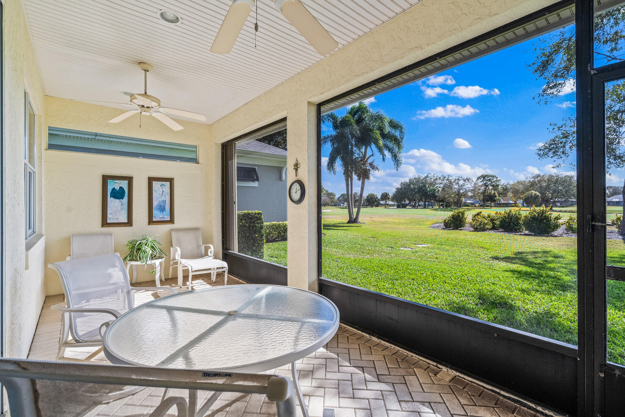 Wake up to sunshine & sweeping golf views from #1 fairway across to #9. Courtyard style home w. expansive LR & DR combo that open to a golfer's porch & lanai w. pool & spa. Fantastic home for entertaining- 3rd BR is separate cabana for guests or office. Re-piped '24, Roof '17, granite kitchen. Opportunity to add your personal touches on a lovely home - short walk to Clubhouse & range!