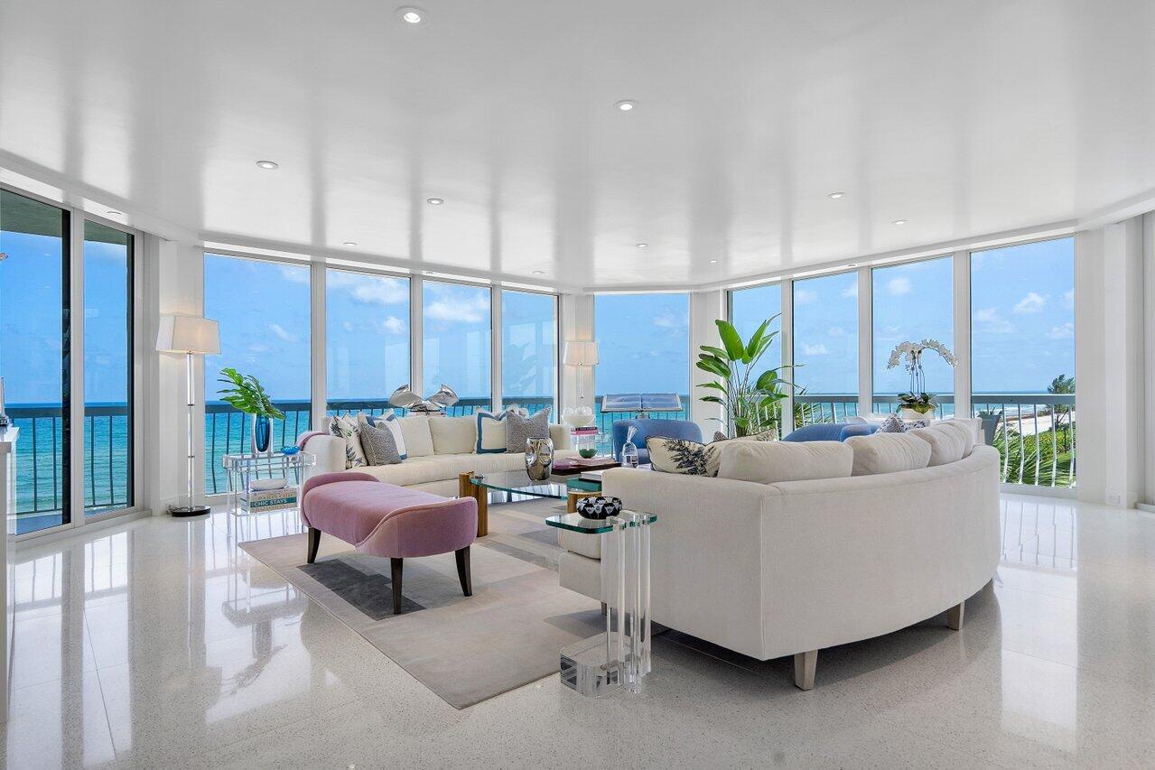 By far, the most extraordinary Direct Oceanfront offering! Boasting 3,800+/- ft total situated on a coveted South/East corner comprised of 3 en-suite bedrooms, 3 full and 1 half baths, chefs kitchen, media room, stunning ocean view office, 2 expansive terraces + a fabulous air conditioned cabana. Gracious living and entertaining spaces are surrounded by walls of glass that further enhance the astonishing water views. Tastefully appointed with the highest caliber of materials, custom cabinetry, motorized shades, deep storage, water filtration & security system and impact glass sliders. Newly designed 2100 Sloans Curve offers exceptional amenities including 24/7 security, grand pool, spa, fitness center, tennis, 2 car garage and direct beach access. Live the ultimate lifestyle in Palm Beach.