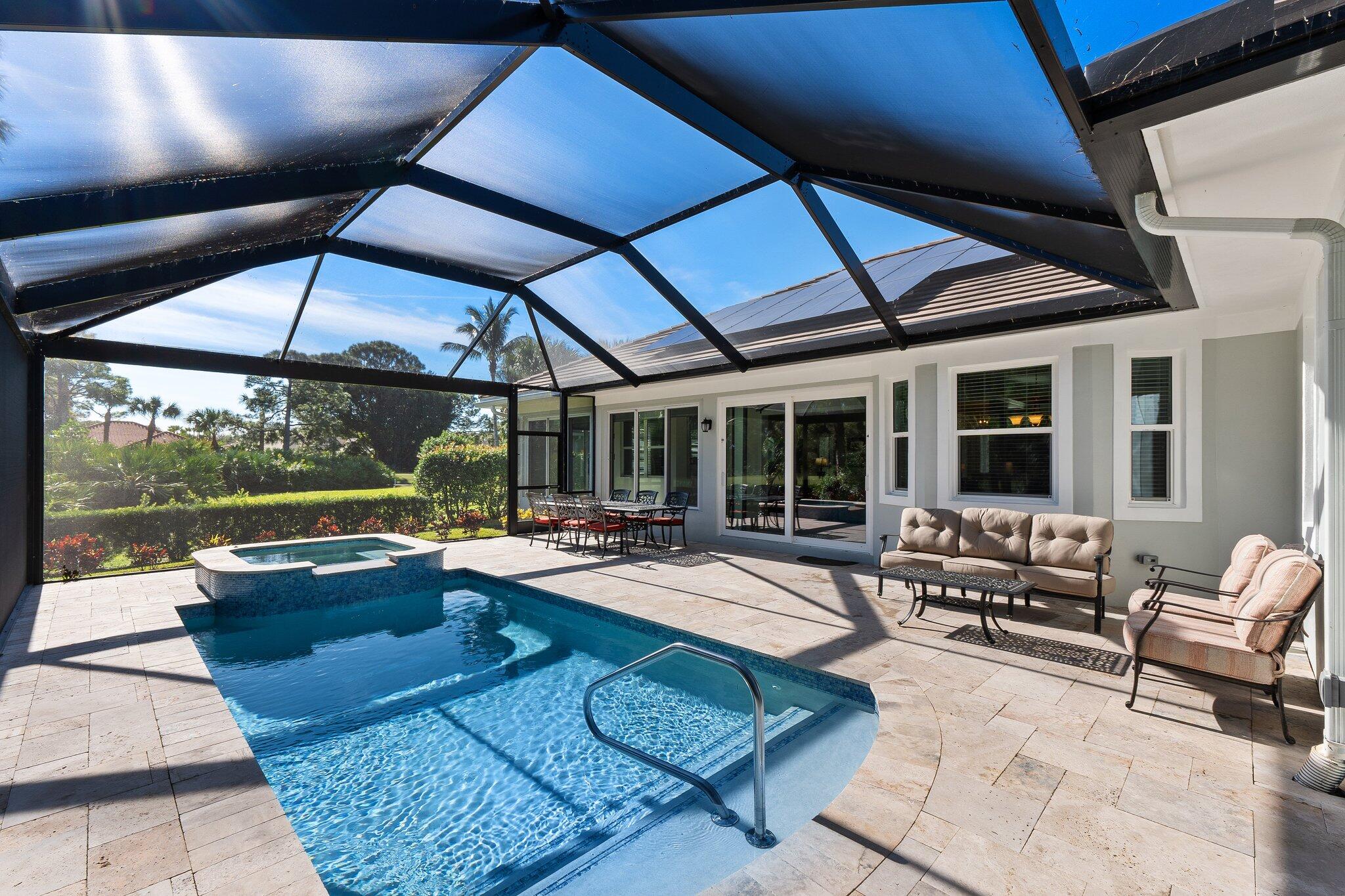 A Rare Willoughby Golf Club Opportunity. One of the Newest homes in Willoughby Golf Club & positioned privately on a quiet cul-de-sac location with calming views of the 6th green. This Residence offers a solar-powered lifestyle with lifetime-locked low HOA Dues and a one-time low initiation fee of $1,500.00. - As a New Owner you may still choose to "buy in" & become a Member of the Country Club. NEW Roof 2021, NEW Pool & Enclosure 2022, Newer Impact Windows, Doors & Sliders PLUS Newer AC system. The Beautifully Remodeled Interior blends a Timeless Elegance with a Classic Modern Design. Enjoy luxury living in a prestigious community this home is a rare find and waiting for you to make it your own!