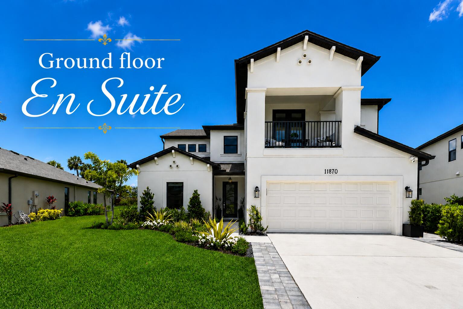 PERFECT for GERERATIONAL LIVING w/ a PRIVATE EN SUITE ON GROUND FLOOR! This Newley built 5-bed, + Office 4-full-bath home which features a ton of upgrades & high-end selected materials: Oversized 24x48 tiles, tray ceilings, custom closet cabinetry, tankless water heater, hurricane door, and new gutters. The master suite includes a private balcony, spacious bathroom w/ roman tub, zero entry shower, & custom closets. Upgraded kitchen w/ under island cabinets, oversized walk-in pantry, bay windows, & pocket sliders, screened lanai, upgraded walkway, landscape lighting, 2 side gates, fully fenced pie-shaped lot. See attached list! Enjoy 10 acres of resort-style amenities including a clubhouse, pool, splash pad & lap lanes dog park, playgrounds, jogging paths, and more with very low HOA FEES!