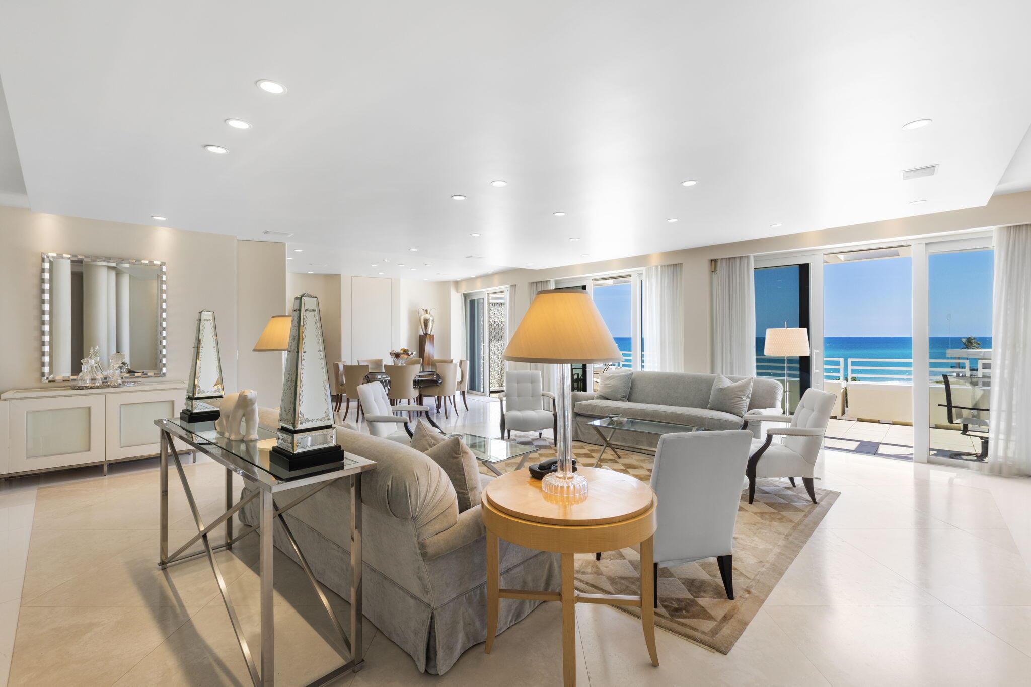 Stunning penthouse with prime oceanfront views and sprawling wraparound terrace available at Palm Beach's exclusive Sun & Surf! Designed by Architectural Digest darling, Michael DeSantis, this coveted residence epitomizes beachfront living with an indoor/outdoor lifestyle, breathtaking Atlantic views from every room and walls of impact-resistant glass opening to a grand terrace. Entertain under the stars, dine al fresco or lounge on your chaise while drinking in the scent of the sea. Soaring ceilings, sunlight pouring in from the south, majestic sunsets to the west and an iconic view of The Breakers round out the grandeur of this three-bedroom retreat. Sun & Surf residents enjoy top-tier amenities: a pool and hot tub serviced by attentive staff, fitness center, common club room and concierge. Experience the pinnacle of waterfront luxury, steps from the sand.
