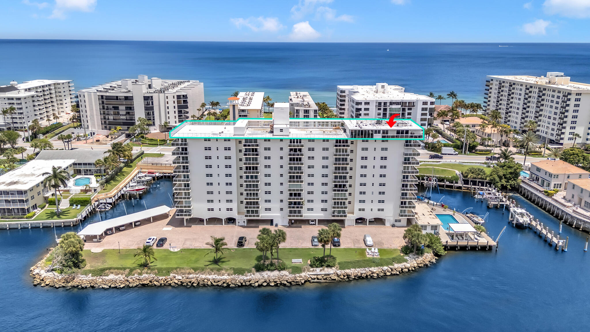 The only penthouse in this boutique waterfront building, with 360° unobstructed views of the Atlantic Ocean and the Intracoastal Waterway. This fully renovated 4-bedroom, 3-bathroom residence spans nearly 3,000 square feet of refined interior living, framed by floor-to-ceiling glass, marble and tile flooring, and an open layout designed for entertaining. Step outside to the largest terrace on Hillsboro Mile, 14,000 square feet of outdoor living overlooking sunrise-to-sunset water views in every direction. Located on a barrier island with no fixed bridges and direct ocean access, this address offers a level of privacy and exclusivity rarely available on Florida's southeast coast. A rare opportunity for top-floor, waterfront living on one of Broward County's most coveted streets. Wake up to uninterrupted ocean and Intracoastal views in this fully renovated waterfront penthouse on Hillsboro Mile. The only penthouse in this boutique beachfront building, this 4-bedroom, 3-bathroom residence offers nearly 3,000 square feet of living space with panoramic sunrise-to-sunset water views from every room. Floor-to-ceiling windows bring in natural light throughout, highlighting modern finishes, marble and tile flooring, and an open floor plan built for entertaining. The residence offers true top-floor privacy in one of Broward County's most distinctive waterfront addresses, a rare combination of scale, light, and unobstructed coastal views.
