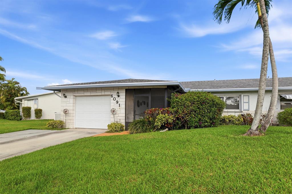 Freshly painted move-in ready 2BR/2BA attached villa in highly desirable Delray Villas Plat 4/5 with beautiful lake views. This well-maintained home features tile flooring throughout the main living areas and wood floors in both bedrooms. Enjoy a screened entry porch and a screened back patio perfect for relaxing while overlooking the lake. The property includes a 1-car garage and a double-wide driveway for additional parking. Located in an active 55+ community w/fantastic amenities including a recently renovated clubhouse, swimming pool, tennis and pickleball courts, fitness center, art room, billiard/card room, and library. HOA includes lawn service, irrigation, cable TV, and internet. The unit is move in ready!