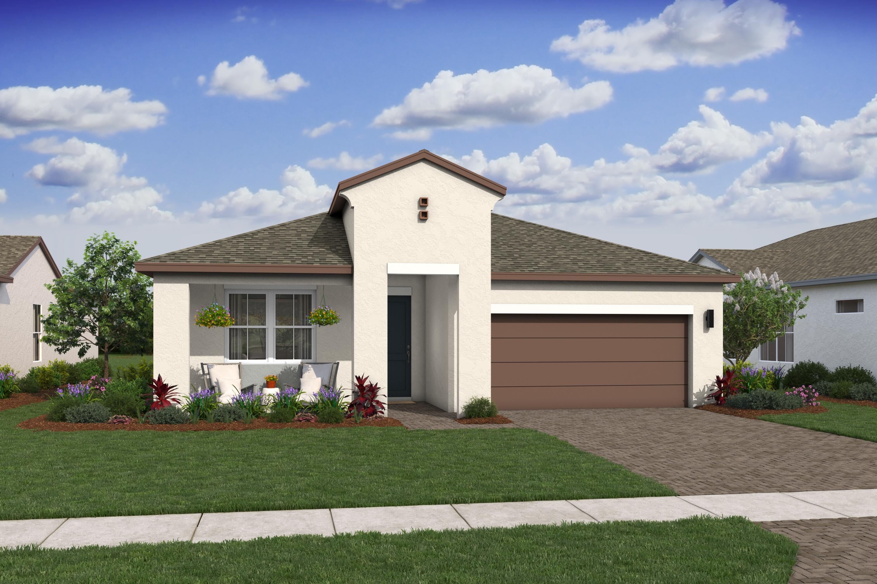 This beautifully appointed Stanwyck model showcases a sophisticated chef-inspired kitchen and an expansive open-concept living area designed for effortless entertaining. Backing to a peaceful preserve, the home offers a serene setting to enjoy from the covered patio. The heart of the home is the designer kitchen, featuring elegant white soft-close cabinetry, a stunning quartz center island, and abundant space for cooking and gathering. A striking vaulted ceiling enhances the great room and dining area, creating an airy, light-filled atmosphere. The sunlit primary suite is a relaxing retreat with an elegant ceiling treatment, while the luxurious primary bath features dual vanities, a spacious walk-in closet, and refined finishes. A private home office provides the ideal space for remote  work, and a convenient HovHall offers direct access to the pantry and laundry room for added organization. A dramatic 16-foot multi-slide door creates seamless indoor-outdoor living, making it easy to relax and take in the tranquil preserve views.
