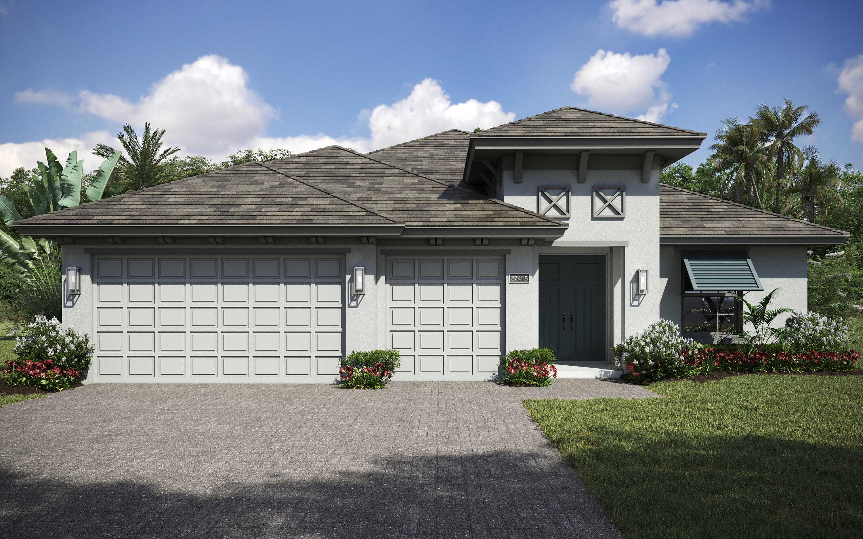 This home offers 3 bed, 3 bath, den and a 3-car garage. A grand double-door entry with 8"x40" Waterford white oak porcelain tile. The great room features high coffered ceilings and a bar. The living space transitions smoothly into a bright dining area framed by large windows. Dovetail cabinetry with full-extension, soft-close drawers, premium quartz countertops and a generous walk-in pantry. The large center island creates the perfect hub for meal prep and socializing. GE Profile appliances, a natural gas cooktop, a stainless-steel hood, and a microwave and oven combination.