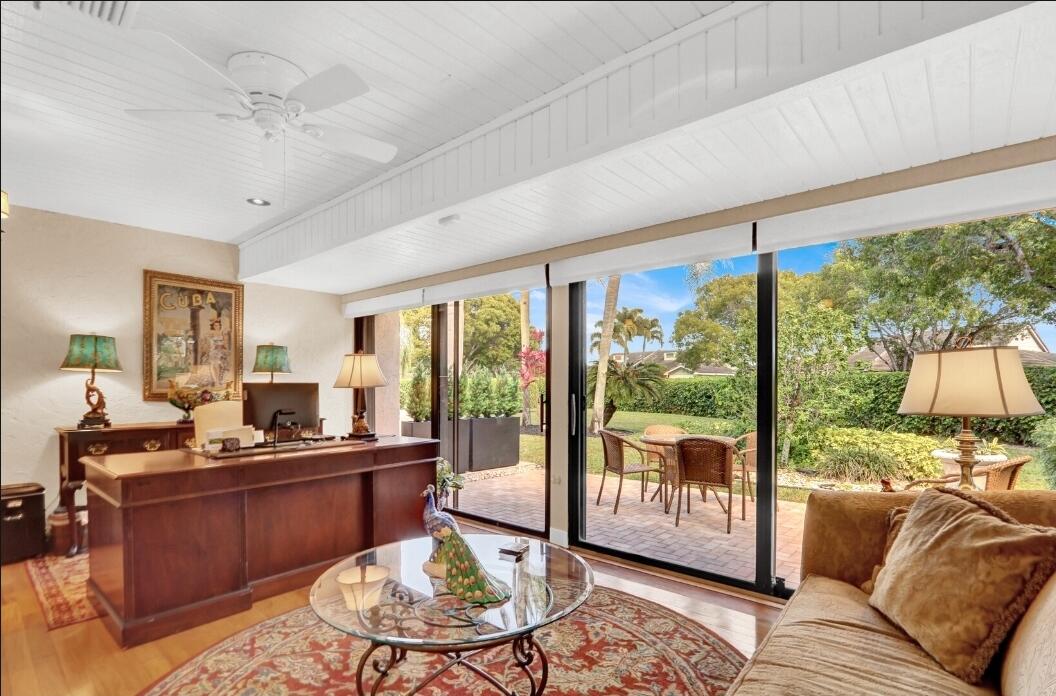 LOCATION, LOCATION, LOCATION.  All One Floor No Stairs This Large 3/2.5 Bath Villa brags of a one car Garage, Walk-in closets, Laundry area, Oversized Driveway, Accordion shutters & a Opened up Florida Room leading to a large brick patio with a Gardenesque View. Kitchen has Quartzite Counters & Newer cabinets & Appliances. An additional kitchen sitting area is a perfect place for morning coffee. The Living space is open with High ceilings & 3 sky hurricane windows drawing in warm natural sunlight. Perfect for entertaining. Experience the security of manned guard gates & 24-hour security patrols located on lush tropical grounds. Minutes to Fla. Turnpike, I95, Polo Grounds, Kravis Center, International Airport & Beaches. Wifi, Digital Cable, A Wonderful community pool included in monthly fee