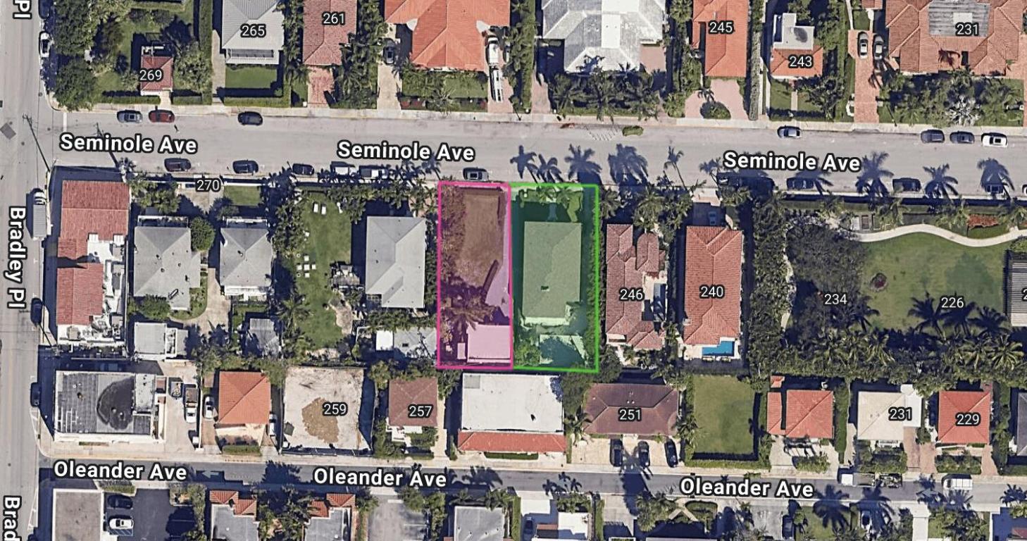 Offered as-is; unique opportunity for R-C redevelopment on a great mid-town street. Can be combined with the adjacent property at 250 Seminole Ave for a double lot. Parcels are legally separated and can also be sold individually. Ability to purchase all 6 lots on the street: 219, 223, 250, 256, & 264/270 Seminole. Incredible redevelopment potential with close proximity to the beach, bike trail, places of worship, restaurants, shopping, The Breakers, and convenient access on/off the north bridge.
