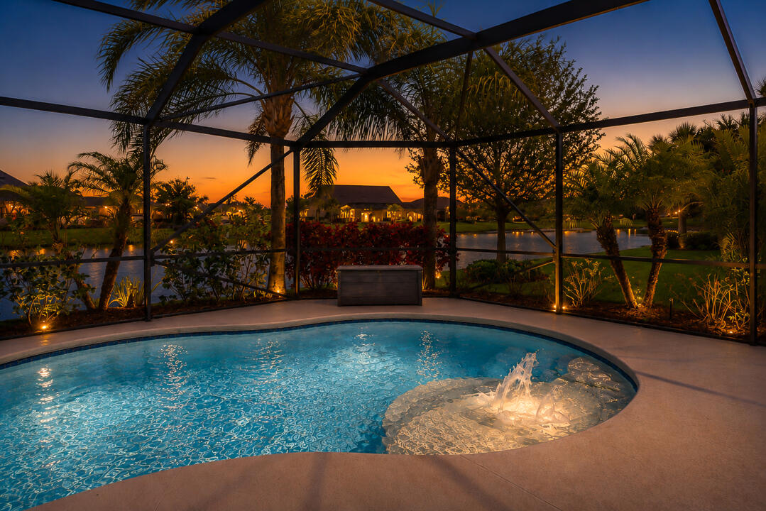 Escape to Your Private Tropical Oasis Pool Home in Veranda Gardens!  Discover the ultimate Florida lifestyle in this stunning 4-bedroom, 3-bath home where every day feels like a vacation. Step outside into your personal sanctuary: breathtaking saltwater, resort-style pool complete with a soothing waterfall and playful bubbler. This screened-in tropical paradise offers ultimate privacy thanks to lush, beautiful landscaping, all while overlooking a shimmering lake view. Inside, elegance meets practicality. You'll love the gorgeous white kitchen and the flow of the stylish wood-look tile plank floors and Plantation shutters. The front bedroom with its own ensuite bath and walk-in closet, makes it perfect for guests or multi-generational living. Full IMPACT WINDOWS and whole-house generator.  Located in the sought-after gated community of Veranda Gardens renowned for its warmth, hospitality and pet friendliness. Living in Veranda Gardens means access to fantastic amenities including a Clubhouse, resort-like heated pool, spa, lap pool, cabanas, tennis, pickleball, basketball, bocce ball, fitness center, community room, catering kitchen, barefoot bar, BBQ grills, fire pit, grills, playground, dog park, sidewalks, street lights, lawn maintenance and all with a LOW HOA fee. Conveniently located with easy access to the FL Turnpike, I-95, shopping, dining, golf, baseball, the beach, and a new hospital - this home offers the complete package.