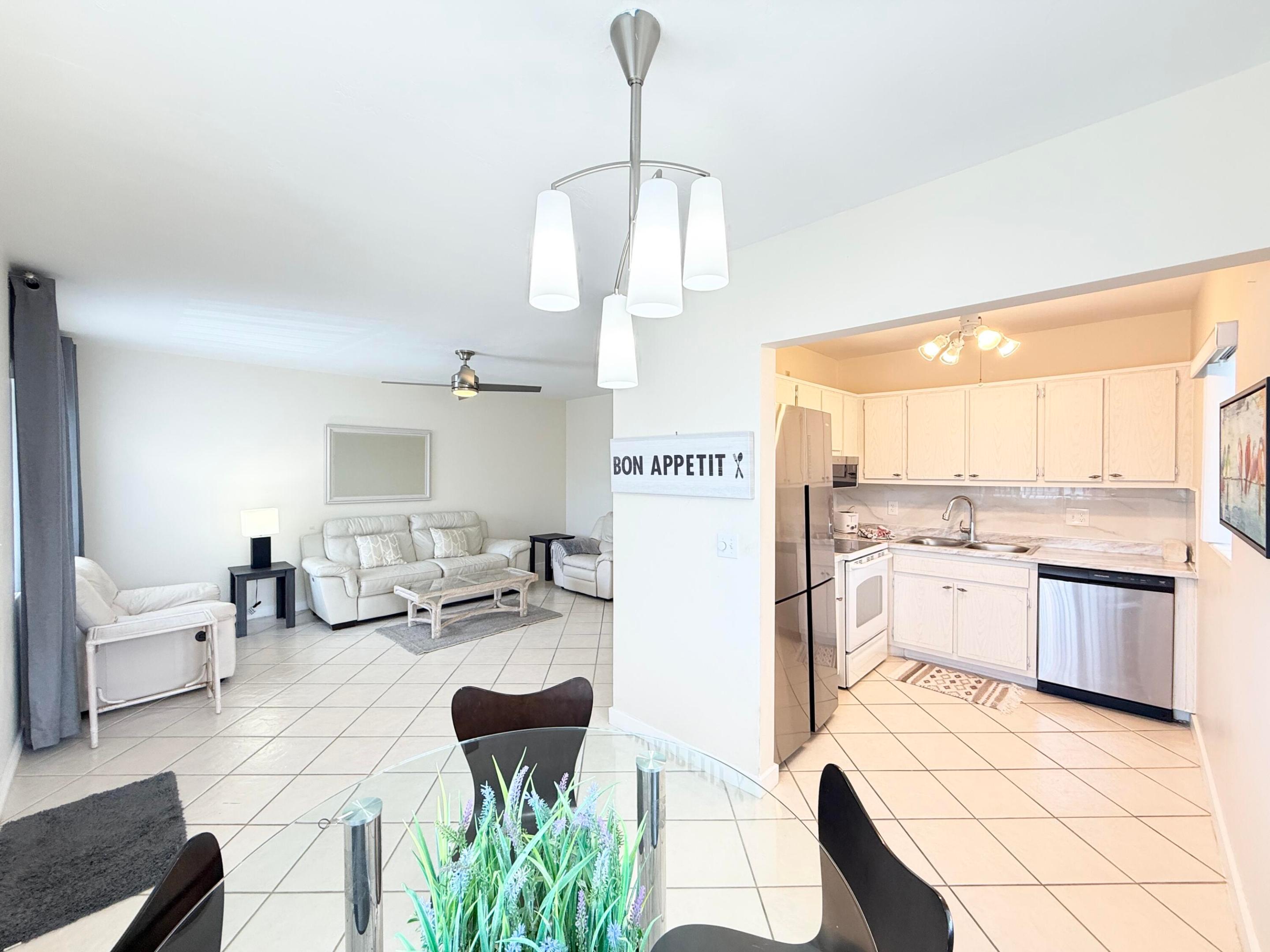 Beautifully upgraded and spacious 2-bedroom, 2-bath condo located on the 2nd floor in the desirable 55+ Murray Hills community. Bright kitchen with partial lake views from the dining area and brand-new appliances. Laminate flooring in the bedrooms and tile throughout the living areas—no carpet. Central A/C and accordion shutters. Basic cable TV and internet included. Furniture negotiable. No pets. Enjoy resort-style amenities including a pool, gym, saunas, bocce, shuffleboard, library, billiards, auditorium, arts & crafts room, car wash, and scenic walking and biking paths around Lake Osborne. Excellent location just 8 minutes to the beach and minutes to downtown West Palm Beach, shopping, and dining.