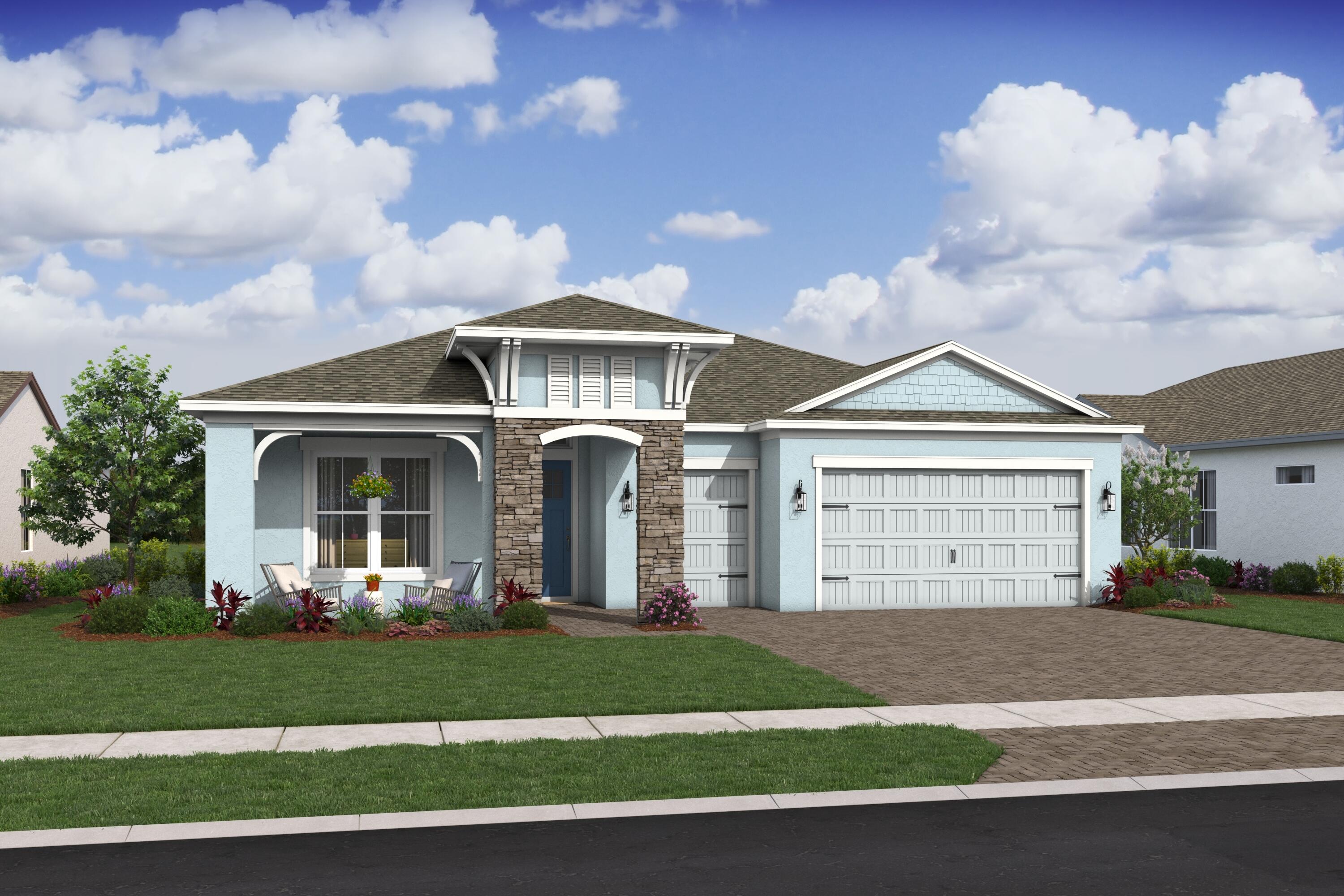 Located within a vibrant 55+ active adult community, this beautifully designed Morse model offers thoughtful design and breathtaking lake views. The spacious great room showcases vaulted ceilings and ceramic tile throughout, creating a bright, open atmosphere ideal for both everyday living and entertaining. Designed for seamless indoor-outdoor living, it features a 16-foot multi-slide door that opens to the covered patio, enhancing the connection to the tranquil lake views. At the heart of the home, the chef-inspired kitchen makes a stunning impression with eye-catching Quill cabinetry, a large quartz island, and a striking tile backsplash that extends to the ceiling.  The oversized island  provides  generous prep space while serving as a natural gathering spot for casual dining and entertaining. The spacious primary suite offers a relaxing retreat with a comfortable sitting area, while the luxurious en-suite bath features dual vanities and an oversized shower.  A dedicated home office provides a quiet, functional space for remote work or study.  A private guest en suite offers comfort and convenience for family and visitors alike. Completing the home is a well-appointed laundry room with an added sink, a two-car garage, and a separate utility garage, offering exceptional storage and everyday convenience, all within an amenity-rich 55+ active adult community designed for an exceptional lifestyle.