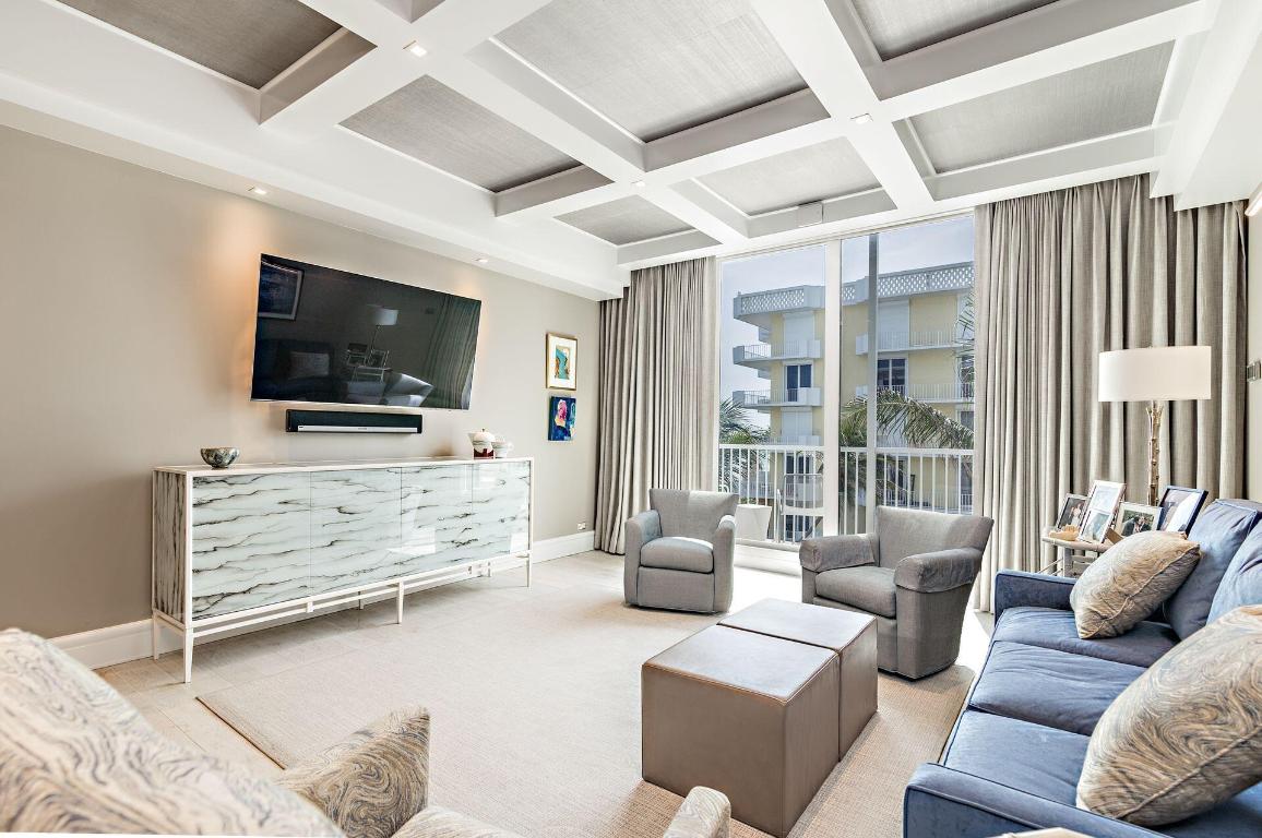 Fully renovated two bedroom, two and a half bath duplex in the heart of Palm Beach, one block from Worth Avenue. Offering beautiful views of the ocean on the fourth floor, the apartment features new kitchen and appliances, bathrooms, flooring, multi-zone air conditioning system, and more in a light-filled space with 10 foot ceiling volume.  There is a chic roof-top pool, party room, and exercise room, all with commanding ocean views as well as six guest bedrooms for the convenience of the residents and their guests.