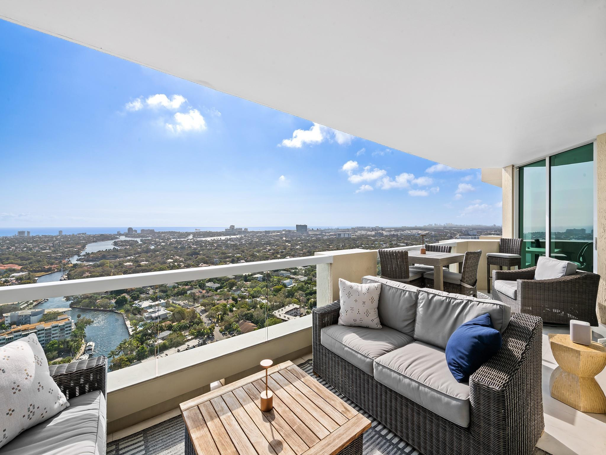 Experience a life of cinematic scale at the prestigious Las Olas Grand, where this high floor masterpiece is wrapped in floor-to-ceiling glass to frame breathtaking, panoramic views of the New River, Ocean, and the shimmering of downtown. The residence's centerpiece is a massive 33ft covered terrace that seamlessly integrates the open-concept living spaces with private split-bedroom suites, creating a sophisticated indoor/outdoor sanctuary. New A/C April 2026. Residents indulge in a true 5-star lifestyle featuring a resort-style saline pool, an elite fitness center, & 24-Hr valet service. Perfectly positioned next to the newly Huizenga Park, walking distance of restaurants, nightlife, shopping, the Water Taxi, Brightline, the Broward Center, & mins. to Ft Lauderdale beach. Sq Ft From BCPA