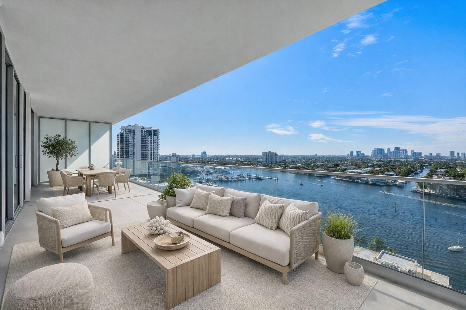 High above the shoreline at Selene, Fort Lauderdale Beach's newest architectural masterpiece, Residence 1803 presents an extraordinary opportunity to experience the pinnacle of contemporary oceanfront living. Perched on the 18th floor, this exceptional Brandeis residence captures sweeping panoramic views of the Intracoastal Waterway, where endless yachts glide below, breathtaking sunsets illuminate the western sky, & the sparkling city skyline creates a captivating evening backdrop. Thoughtfully designed with timeless sophistication, the residence offers two spacious bedroom suites, two-and-one-half impeccably appointed baths, and expansive walls of floor-to-ceiling glass that seamlessly connect refined interiors with an oversized private terrace, inviting effortless indoor-outdoor living. The exquisitely crafted chef's kitchen is a statement in both form and function, featuring a curated collection of Wolf and Sub-Zero appliances, sleek custom cabinetry, premium finishes, and an elegant island designed for intimate gatherings as well as grand entertaining.  The serene primary suite offers a tranquil retreat, complemented by a spa-caliber bath finished with sophisticated materials and bespoke detailing that evoke the ambiance of a world-class luxury resort.  Life at Selene is defined by an exceptional collection of resort-inspired amenities designed to rival the finest private clubs. Residents enjoy a spectacular oceanfront pool, beautifully appointed social lounges, a state-of-the-art fitness and wellness center, private dog park, and an array of thoughtfully curated spaces dedicated to relaxation, recreation, and elevated coastal living.  Residence 1803 is more than a home—it is an invitation to embrace an uncompromising lifestyle where iconic design, impeccable service, and the beauty of Fort Lauderdale Beach converge to create one of South Florida's most coveted residential experiences.