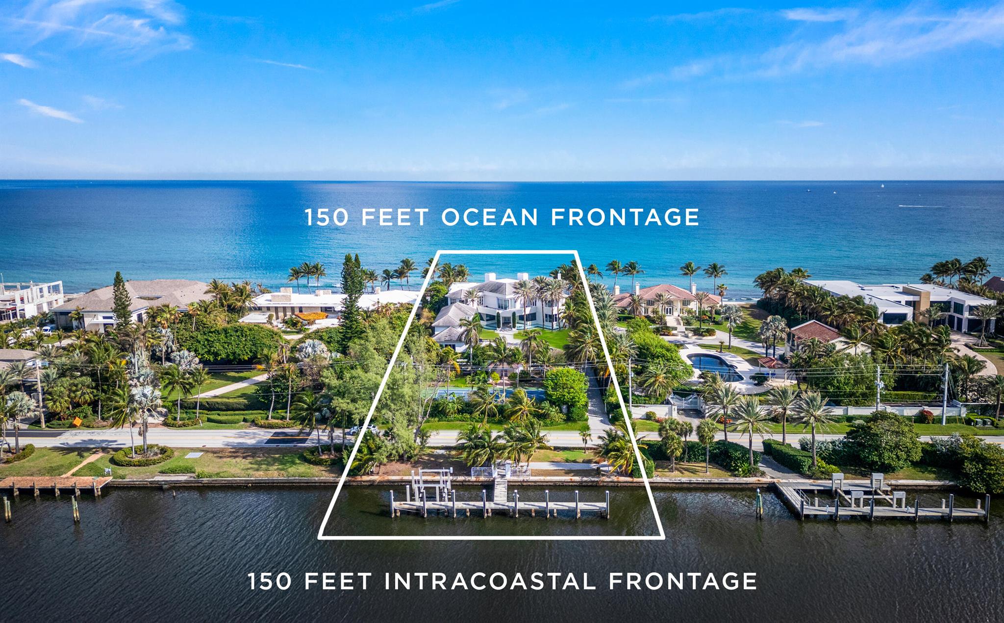 Featuring over 1.58 acres and 150 feet of direct ocean frontage and 150 feet of direct, deepwater intracoastal frontage with direct ocean access is 1200 S Ocean Blvd, an incredible offering in the Manalapan Ocean to Lake section. This is an amazing opportunity to renovate the existing home or build your dream home on one of the only remaining oceanfront buildable lots in the prestigious town of Manalapan. The current CBS home offers over 25,000 square feet of luxurious living space with 7 ensuite bedrooms and 8 full and 3 half bathrooms, a very workable floorplan with commanding ocean views, concrete tennis court, and a 5-car garage. Residents of this esteemed sea-side town, just minutes from Palm Beach and Worth Avenue, enjoy gratis access to the 5-star Eau Hotel and Spa , La Coquille Club and new home of Nobu Manalapan. Best priced property per lot square foot on the direct oceanside, do not let this opportunity pass by!