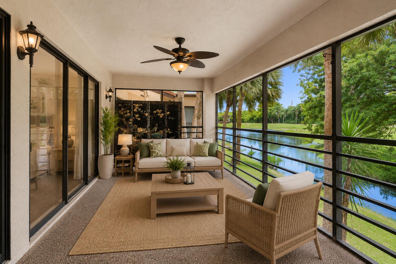 Wake up to peaceful lake and golf course views in this spacious Aspen Glen residence. Thoughtfully designed with an open and functional layout, this two-bedroom, two-bath home offers comfortable living spaces, abundant natural light, and a seamless connection to the outdoors.  The expansive screened-in balcony serves as a true extension of the living area, providing the perfect setting to enjoy morning coffee, unwind in the evening, or simply take in the tranquil waterfront surroundings. Inside, updated flooring enhances the main living areas, while the generous primary suite offers a private retreat. A well-appointed guest bedroom and bath provide comfortable accommodations for family and visitors.  Nestled within the established Aspen Glen community, residents enjoy a serene setting surrounded by lush landscaping, scenic water views, and nearby golf. Conveniently located close to shopping, dining, entertainment, and major roadways, this residence presents an exceptional opportunity to enjoy the South Florida lifestyle while adding your own personal touches over time.