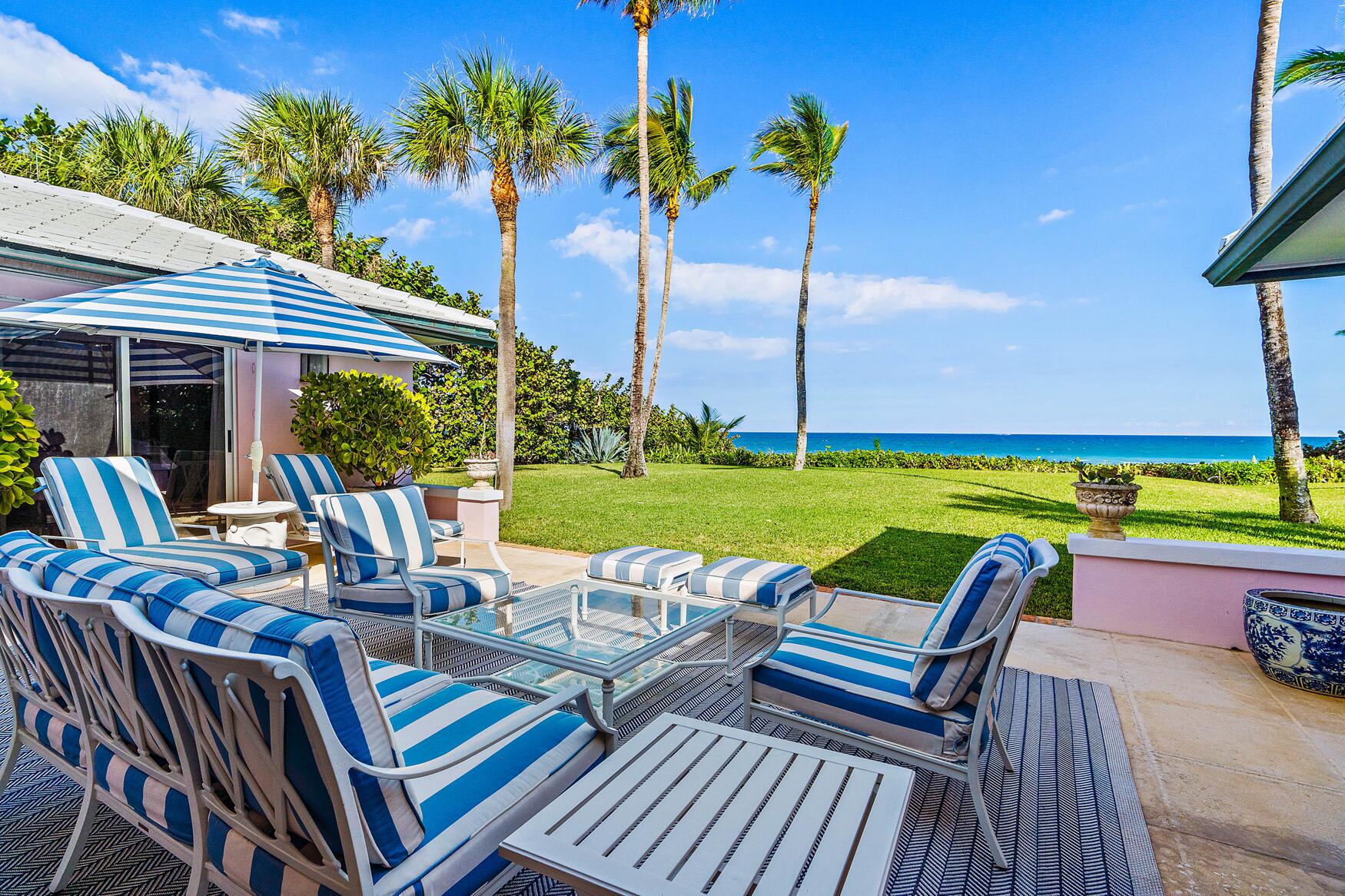 Jupiter Island compound with 100' directly on the ocean. One acre of secluded privacy that can rarely be replicated. The 3-bedroom main house has spectacular ocean views and leads to the beach to the east and a serene courtyard pool and lanai to the west. The totally renovated guest house has 2 bedrooms, 2 bathrooms, a large living room, patio, kitchen equipped with Viking appliances and its own washer & dryer. The third structure is a 2-car garage with a split a/c unit. An excellent opportunity to live the Jupiter Island lifestyle at a very attractive price.