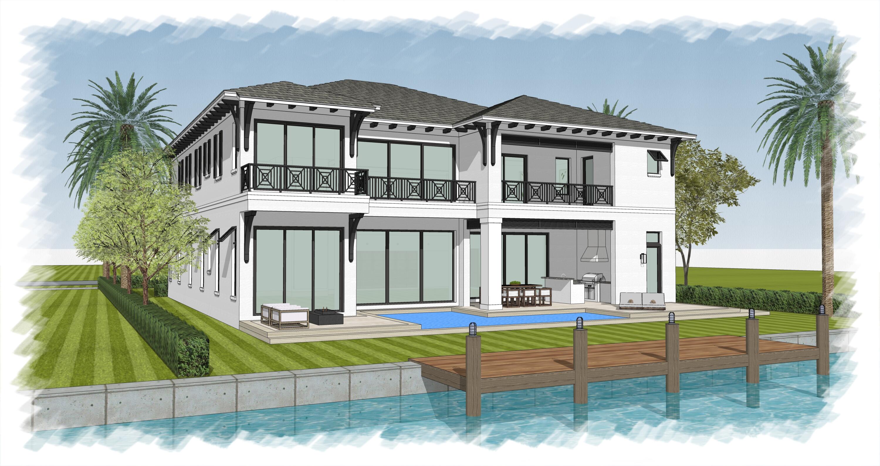 Waterfront Opportunity. 85' of frontage on a deep wide water cul de sac lot with no fixed bridges and a brand new seawall. One house in from main intracoastal in a no wake zone- Easy dockage for a large boat. Spectacular main Intracoastal views from second story. Public sewer scheduled for Juno Isles 2023. 5BR plus 2 Bonus Rooms, one of which could be made into a 6th Bedroom or a single 4th car garage, 5.1 BA, 3CG CBS home offering 7,110 total sq ft and 5,460 living sq ft. (See Floor Plans). A full set of plans is included with the sale of the lot. Abundant living space including great room with wet bar and a large loft upstairs. The kitchen offers a double island, and a spacious walk in pantry. Features include a grand entrance with impact glass style doors, elevator, See Supplement... staircase and dual laundry room.

The home is perfect for entertaining with an expansive covered outdoor living area complete with summer kitchen and cabana bath.An independent humidity-controlled tackle room ice maker ready is located adjacent to the cabana bath.

The upstairs master suite includes oversized his and her walk in closets, a spacious bathroom with dual shower and soaking tub, dual toilet rooms and spacious covered balcony overlooking the water.  An additional upstairs bedroom is an ensuite with large walk-in closet that also opens out to a balcony overlooking the water. This home is architect designed with many coastal contemporary features. The exterior photos illustrated are virtual renderings.  No dock or lift is included in the purchase price.