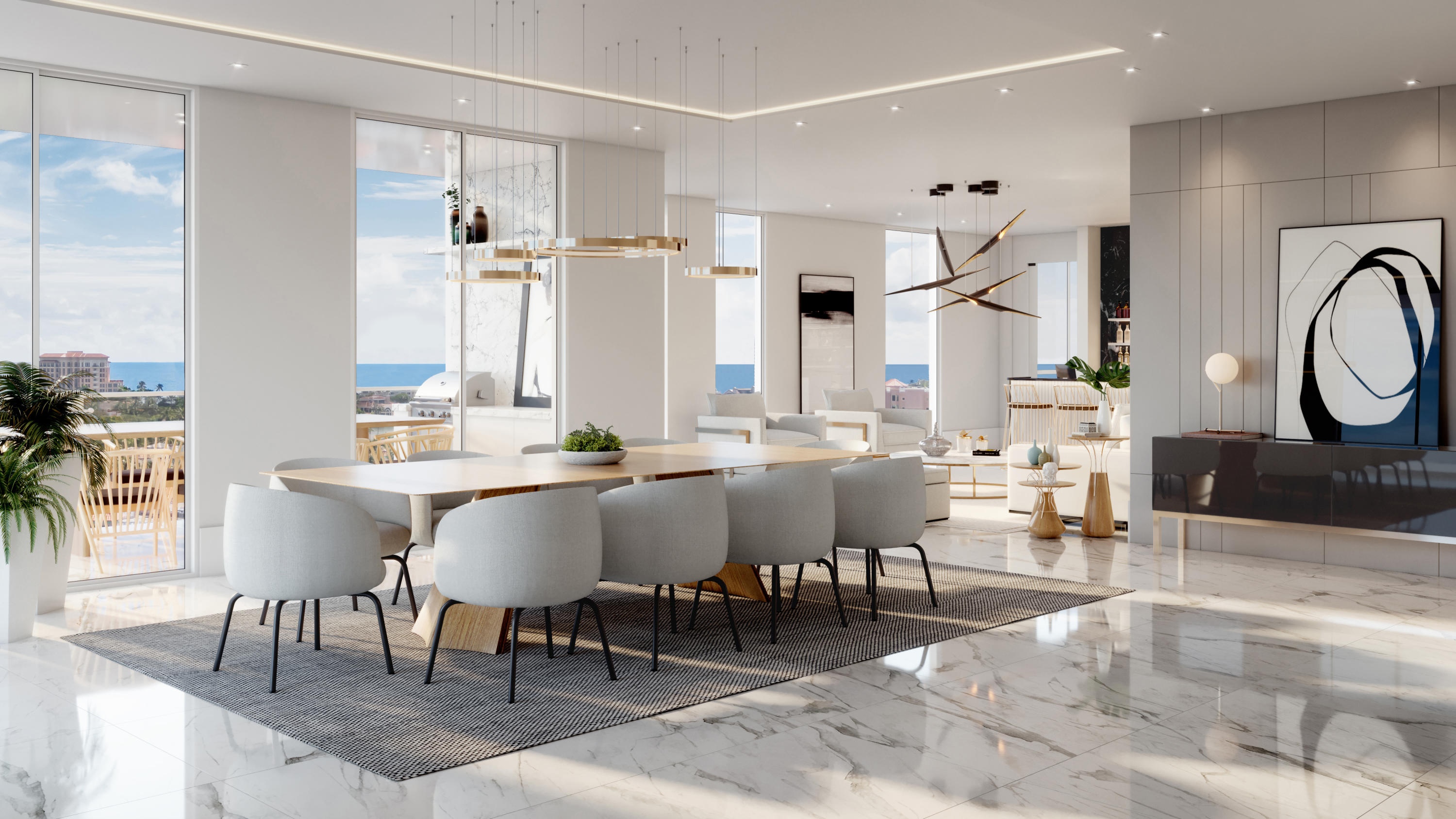 This amenity-rich Sky-Palace penthouse offers the option for a fully customized three-, four- or five-bedroom residence with six bathrooms and a spacious den. It features 7,120 square feet under air with a massive 930-square-foot-terrace offering sweeping views of the Atlantic Ocean, Boca Resort, Intracoastal waterway, and downtown Boca Raton. This unique residence also has two private elevators and four underground, assigned parking spaces. Other in-home amenities include a custom-wine cellar, bar, home theater, and the entire residence is outfitted with Crestron Home Automation. This is a natural gas building so you will be cooking with gas.