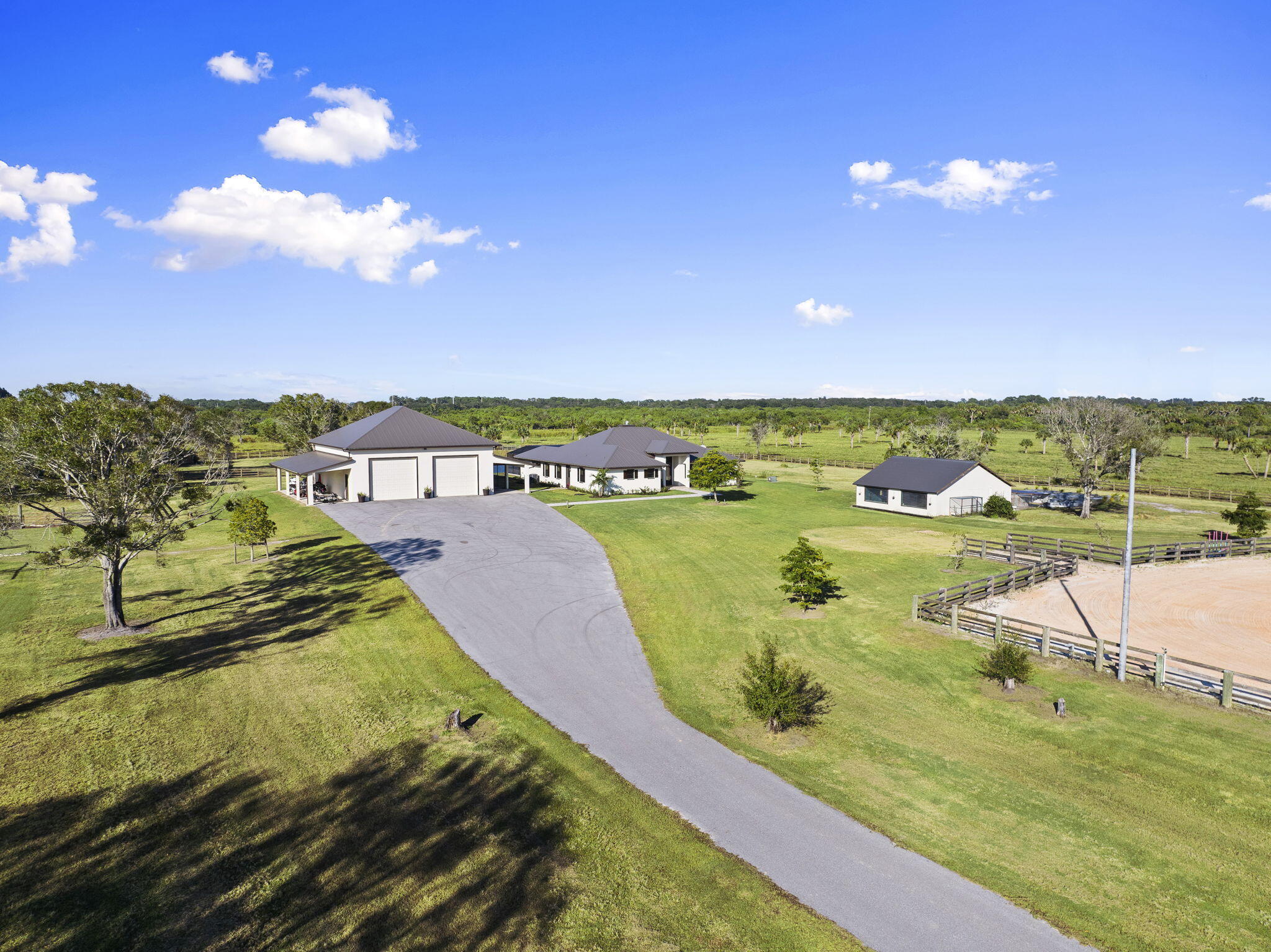 Experience the ultimate blend of luxury living and equestrian excellence on this stunning 36± acre privately gated estate in North St. Lucie County. Perfectly positioned between Fort Pierce & Vero Beach with convenient access to both I-95 and the Florida Turnpike, this 2023 custom-built home showcases every upgrade imaginable, including three master suites and the flexibility to increase or reduce the acreage to suit the buyer's needs. Designed for the serious horse enthusiast, the property features multiple barns, 6-stall barn with living quarters, a round pen, hot walker, fenced and cross-fenced pastures, a lighted arena and 2 artesian wells. For those seeking exceptional functionality, the estate also includes a 4,680sqft CBS shop plus covered RV and trailer storage areas, creating the perfect setup for equipment, vehicles, and hobby needs.  A private pool completes the resort-style ambiance. A property of this caliber is truly one-of-a-kind. Nothing compares to the comfort, privacy, and versatility this equestrian estate delivers.