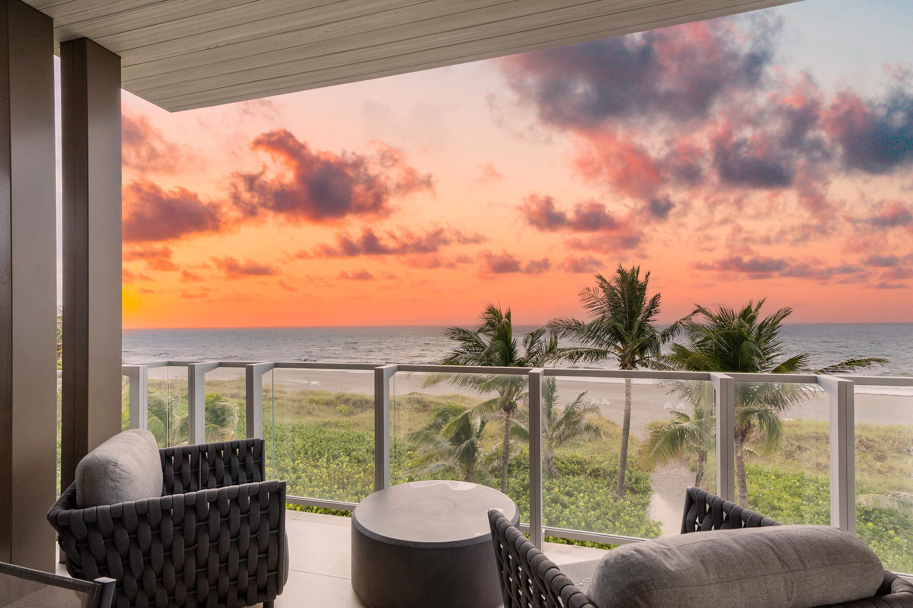 Welcome to the best Oceanfront Penthouse in East Delray, nestled on more than 200 feet of private shoreline. Offered furnished and never before available to purchase, this center-top modern masterpiece offers 3 beautifully styled bedrooms, with an optional 4th bedroom/den, and a total of 5.1 bathrooms, spanning 3,841 interior square feet and a spectacular 732 square foot veranda with panoramic views of the Atlantic Ocean. This wonderful gem boasts 10 foot high ceilings with floor-to-ceiling glass windows and private elevator access. Other amenities include a 24-hour concierge, an oversized, air-conditioned 2-car garage and a Fitness Experience Room. Ocean Delray's private beachfront provides the opportunity to unwind oceanside. When not on the sand, residents have