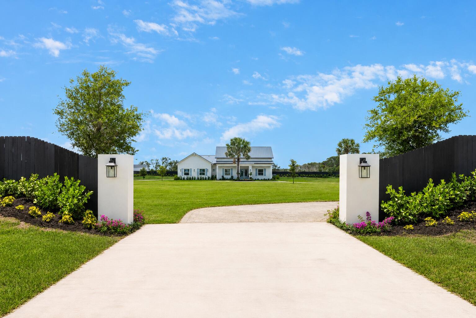 Rare opportunity to own a newly constructed modern farmhouse on 5 fully fenced private acres in Palm City with no HOA restrictions. This thoughtfully designed 5-bedroom, 5.5-bath residence offers 4,349 square feet under air with an open-concept layout, split-bedroom floor plan, spacious great room, oversized kitchen with large island and walk-in pantry, and an upstairs loft suite ideal for guests, media, or recreation. The private primary suite features a spa-inspired bath and generous closet space. Enjoy peaceful pond views, expansive outdoor living areas, and endless possibilities for a future pool, guest house, barn, detached garage, or additional recreational space. A rare blend of privacy, luxury, and flexibility just minutes from shopping, dining, golf, and major highways.