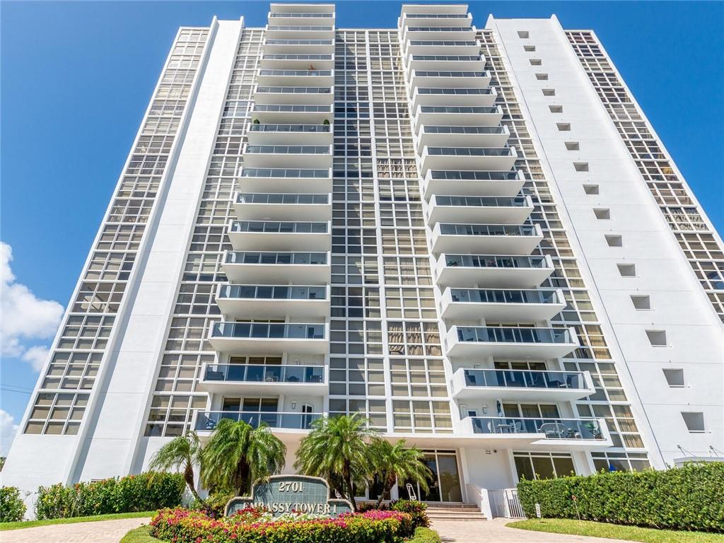 EMBASSY TOWER....RECENTLY AND TOTALLY RENOVATED MODERN BUILDING WITH ALL NEW IMPACT WINDOWS, DOORS, GLASS BALCONIES AND...NEW AND GORGEOUS INTERIOR HALLWAYS.  This 1 bedroom, 1 bath unit has beautiful views of The Intracoastal and Ocean.  Tiled kitchen with a door leading out to a very large balcony....wood floors in remaining living areas.  Absolute move-in condition or put your decorating touches.  Stunning location.....one block to the beach....close to shops, restaurants, bar and Las Olas.  Building has all amenities....beautiful pool area, state of the art gym, mens' and womenfors saunas, community room with kitchen for your parties. Can be bought furnished to make it Turneky...just bring your clothes and toothbrush.  Make this lovely unit your home for real Resort Living Lovely one bed/one bath unit in Embassy Tower with amazing views of The Intracoastal and Ocean.  Just totally renovated....Embassy Tower now has all Impact Glass Windows and Doors, all Glass Balconies, Gorgeous new hallways.  Like moving into a newly built property.