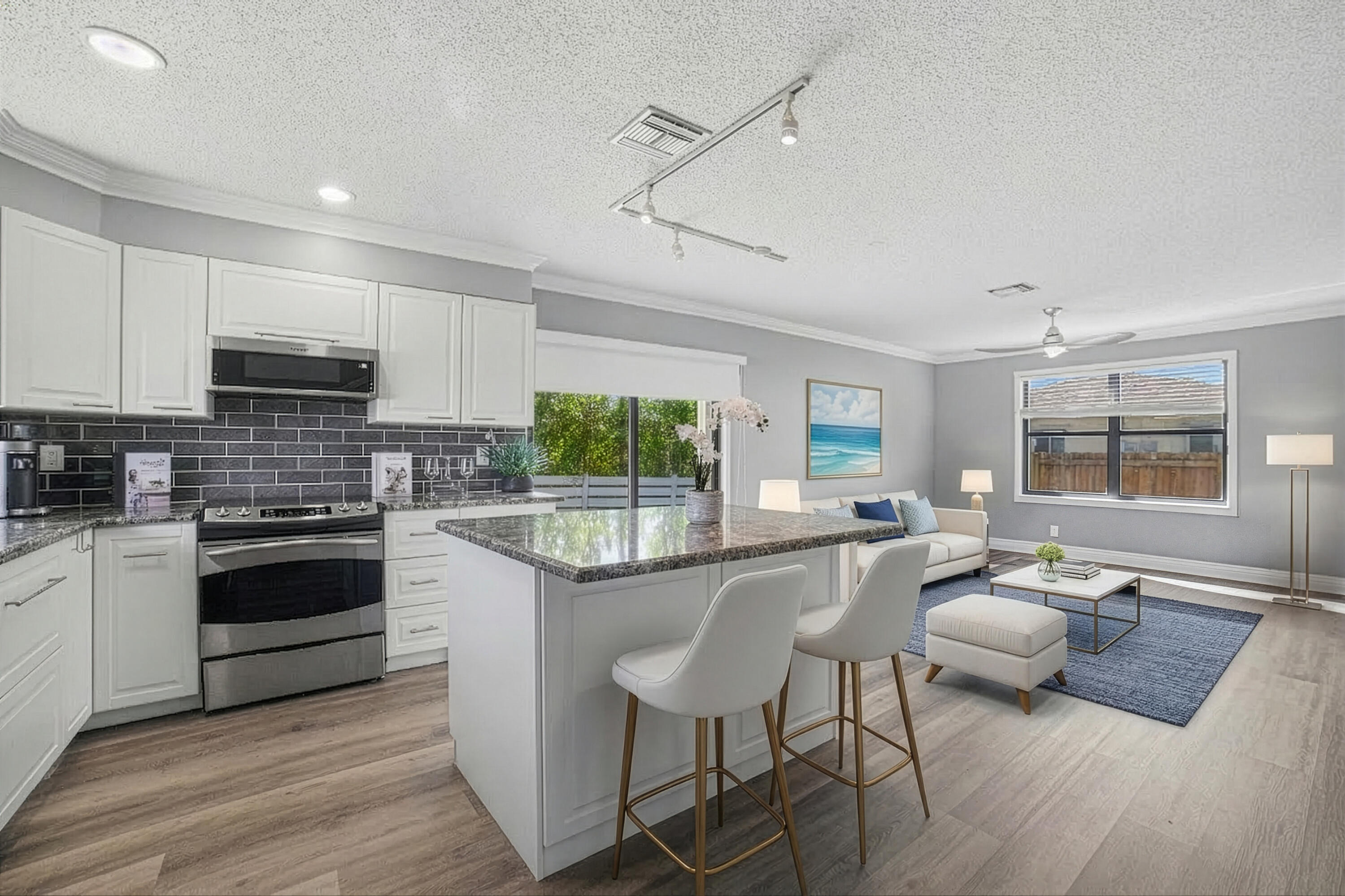 Charming Key West-inspired corner townhome featuring 2 bedrooms, 2 bathrooms, a private sauna, and a one-car garage, located on one of the largest lots in this boutique community of only 26 homes. Enjoy a wraparound garden area and spacious patio, perfect for relaxing or entertaining. The home features a beautifully updated kitchen with stainless steel appliances, granite countertops, wood flooring, and accordion shutters throughout. The owner's suite offers a walk-in closet, with washer and dryer conveniently located upstairs. Just steps from the community pool and walking distance to the Intracoastal and the beach. Ideally located 15 minutes to Delray Beach and 20 minutes to PBI Airport and Downtown West Palm Beach. No rental restrictions.  A/C 2025 Roof 2023. A must see!