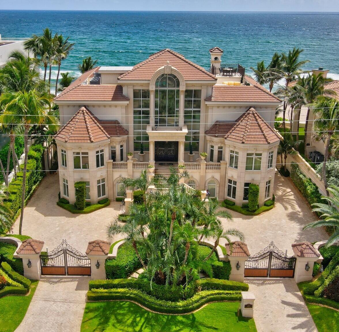 Located in the small idealistic Palm Beach, FL coastal Town of Highland Beach.
Walk just 15 feet out your back door to your own 11,000 square foot private beach and gorgeous red reef at this breathtaking Estate that boasts 6 bedrooms, 6 full bathrooms, 2 half baths, elevator, 3 kitchens (gourmet, second, and summer) for fabulous entertaining, a world class gym area, a 12- car drive through air-conditioned garage and car showroom, 2 separate ground floor suites with exterior ingress and egress, oceanside saltwater pool and spa with a swim up bar, cabana room with private outside saltwater spa, large poolside covered loggia, roof top terraces for private sunbathing, alfresco dining and unobstructed views of sunrises and sunsets, large drive through front motor court with double monitored security gates & over 12,200 square feet of air-conditioned living space all resting behind a 17-feet above sea level engineered ocean seawall! 
Enter the large marble paved motor court through one of two sets of controlled state-of-the-art security gates to lush landscaping, the sound of a beautiful fountain, and a grand double entry staircase to the main front portico or enter through the air conditioned 12 car drive-through-garage and take the elevator to any of the 3 other floors.
Upon entering the foyer, experience stunning architecture with detailed unique and intricate designs. Admire the double marble staircase, soaring 35' high ceiling, and the extraordinary ocean view over the oceanside patio and saltwater swimming pool and spa through the grand salon's wall of 20' high Low E impact windows.
Included is a full house natural gas driven electric generator along with a new roof and mostly new mechanical with existing warranties. 
Spend your days admiring ocean views poolside, from over 1,900 square feet of marble balconies and terraces and from nearly every window or entertain your friends and family in pure oceanside luxury.
Ideally situated in the center of Palm Beach's best restaurants, shops, entertainment, financial institutions, and airports within minutes to Mizner Park, Atlantic Avenue and the Boca Raton Private International airport.