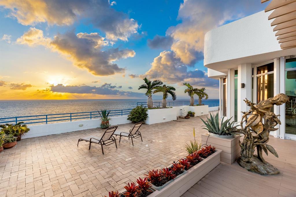 This oceanfront Penthouse spans the entire top floor of the Highlands Place Building. Take your secured elevator from the residential lobby up directly to the skylighted foyer with ocean views. Private wrap around rooftop terrace with 360 degree views of Ocean, Intracoastal, and City. This 6300 square foot Penthouse has four beds and four and half baths, combined with an over 8000 square foot terrace. So much potential to create one of the most spectacular residences in Palm Beach County. Perfectly situated in between Delray Beach and Boca Raton, enjoy the Florida lifestyle without having maintenance to worry about. Customize, transform, re-imagine! Every door and window has just been replaced with new impact glass. New deck and flooring on terraces. Single slab Imported Italian marble. Ground floor oceanside Cabana with full bath, four assigned parking spots, and 45ft of dockage on the Intracoastal. Private beach, oceanfront heated pool and spa, racketball, remodeled fitness room, putting green and manned lobby with 24 hour security.