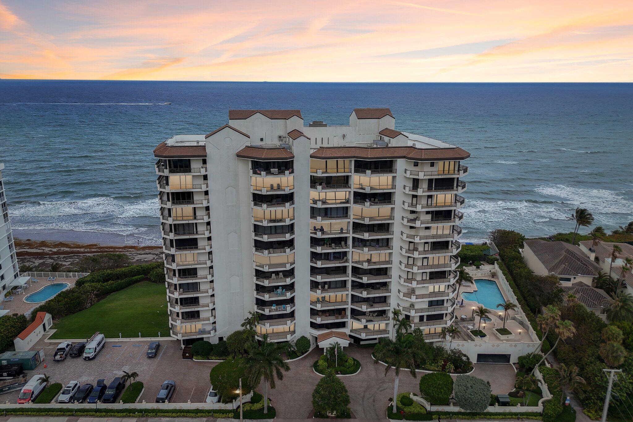 High above the shoreline on the 11th floor, this impressive oceanfront residence offers an extraordinary combination of space, privacy, and sweeping coastal views. As one of the largest units in the building second only to the penthouse this home provides a level of comfort and scale rarely available on Juno Beach. Step off the elevator into your private foyer, where the residence opens into bright, airy living spaces designed to capture panoramic, wraparound views of the Atlantic Ocean. From sunrise over the water to vibrant evening skies, the scenery becomes a stunning backdrop to everyday living. Generous room sizes, soaring ceilings, and an effortless flow create an atmosphere that feels open, refined, and filled with natural light.  A spacious wraparound balcony extends the entire length of the unit, offering multiple vantage points to enjoy morning coffee, ocean breezes, and unforgettable sunsets. A private cabana adds an exclusive touch perfect for storing beach gear, relaxing poolside, or enjoying a quiet retreat just steps from the sand. This rare amenity elevates the convenience and luxury of true oceanfront living. Residents enjoy a boutique, resort style lifestyle with an on site manager, fitness center, community and game room, oceanside pool, and secure garage parking. The building is pet friendly, and the beach here is one of the most peaceful and pristine stretches in Palm Beach County. For those seeking a spacious coastal sanctuary with unmatched views and exceptional amenities, this residence represents Juno Beach living at its finest—where the ocean is your daily backdrop and life feels like a permanent vacation.