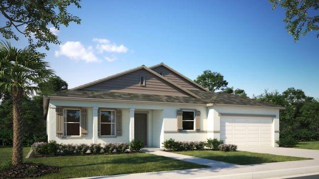 Under Construction. The Harmony — a beautifully crafted single-story home perfectly situated on an expansive corner lot. The covered front porch sets a warm and inviting tone, leading into a stunning foyer with 9'4" ceilings & crown molding throughout. Just inside, a Den w/double French doors offers the flexibility for a home office or quiet retreat.This residence is brimming with upscale finishes, including granite countertops, a tiled shower with separate soaking tub, a private guest suite, and a screened-in lanai ideal for year-round relaxation. The primary suite boasts a tray ceiling, an oversized walk-in closet, and a private luxury bath. A private ensuite guest room & two additional secondary bedrooms are thoughtfully positioned for maximum privacy, while the great room flows effortlessly into the kitchen and dining areas, creating the perfect space for gatherings.The kitchen features a seamless connection to the screened lanai, allowing for all-weather cookouts. The two-car garage offers not only parking but also a dedicated workshop area.Modern Smart Home features—including a Ring Video Doorbell, Smart Thermostat, Keyless Entry Smart Door Lock, and Deako Switches—provide convenience and security, while hurricane shutters and architectural shingles ensure peace of mind. All of this is backed by a full builder warranty.Don’t miss your chance to own this exceptional home that blends elegance, comfort, and functionality—schedule your private tour today!