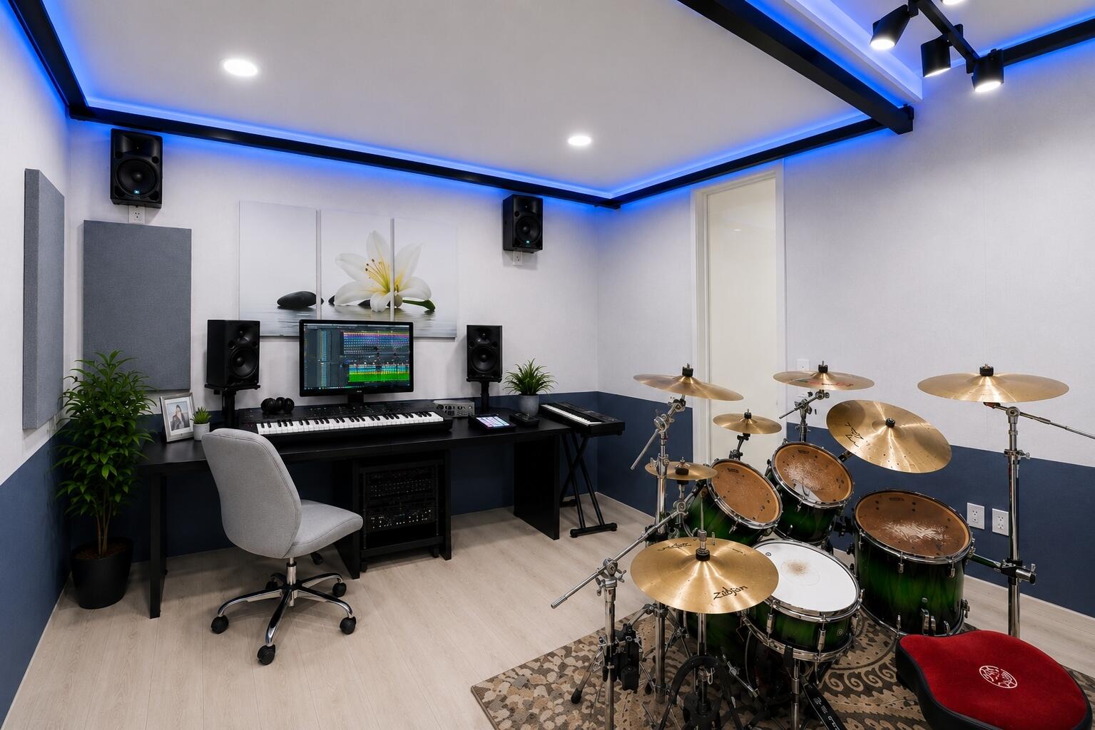 RARE LUXURY HOME WITH A PRO RECORDING STUDIO—Professionally engineered, fully soundproofed recording studio designed by David Frangioni of Modern Drummer, inside a customized home unlike anything else in Lotus. Musicians, producers, podcasters: play at full volume without disturbing a soul. The house was built new through GL, then finished with custom builds. THE STUDIO — True room-within-a-room construction for total sound isolation. Custom acoustic wall panels and drop ceiling for studio-grade sound. Overhead mic/camera rack, double soundproofed doors, dedicated mini-split, and in-wall audio inputs for cable-free recording. CHEF'S KITCHEN — Sub-Zero & Wolf, dual-fuel 6-burner Wolf range with two ovens and a grill (impossible in standard Lotus homes),  two dishwashers, hidden coffee bar, fridge-style custom pantry, backlit island ceiling. SPA-INSPIRED MASTER BATH — Natural dry sauna, dual showerheads, floor-to-ceiling recessed shower shelving, ventilated cabinets with hidden outlets, backlit wall-to-wall mirror. BUILT FOR SOUND & SMART LIVING — Lutron smart shades and lights (control with voice, app, and schedules), living room surround sound, media room with Dolby Atmos, designer powder room, two-story foyer feature wall. All the upside of new construction, none of the builder-grade finishes — BOOK YOUR PRIVATE SHOWING TODAY.