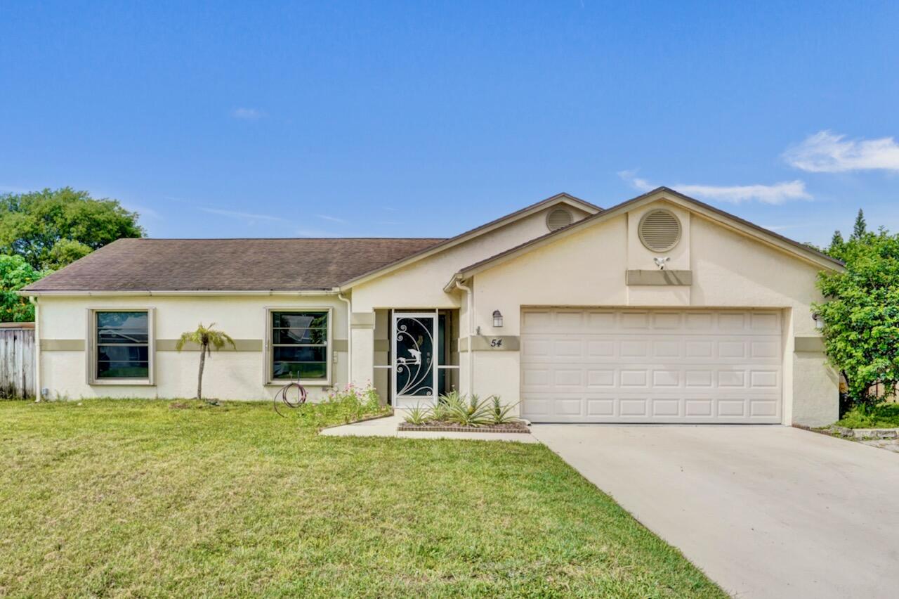 Welcome home to this beautifully updated 3-bedroom, 2-bath pool home located in the desirable all-ages community of The Meadows. This spacious residence features an open-concept floor plan with soaring ceilings, abundant natural light, and an inviting atmosphere throughout. Enjoy tranquil pool views from the screened patio, perfectly situated on a generously sized fenced lot that offers both privacy and space to entertain. The backyard is a tropical retreat filled with an impressive variety of fruit trees and plants, including ice cream bean, mango, avocado, three varieties of banana trees, soursop, Barbados cherry, loquat, Jamaican cherry, and even pineapple plants. Thoughtfully updated and truly move-in ready, the home features a renovated open kitchen, an updated primary bathroom suite  with an interior washer and dryer, an updated guest bathroom, and a 2021 air-conditioning system. The low HOA fee of just $191 every six months provides access to community amenities that include a playground, picnic pavilions, tennis courts, and pickleball courts. Conveniently located off Congress Avenue, The Meadows is close to shopping, dining, beaches, hospitals, and everyday conveniences. There are no pet restrictions, and immediate rentals are permitted with a minimum lease term of one year, making this property an excellent option for both homeowners and investors alike. INFORMATION HEREIN NOT GUARANTEED AND SUBJECT TO ERRORS & OMISSIONS. ALL MEASUREMENTS ARE APPROXIMATE.