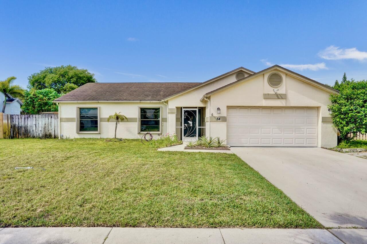 Welcome home to this beautifully updated 3-bedroom, 2-bath pool home located in the desirable all-ages community of The Meadows. This spacious residence features an open-concept floor plan with soaring ceilings, abundant natural light, and an inviting atmosphere throughout. Enjoy tranquil pool views from the screened patio, perfectly situated on a generously sized fenced lot that offers both privacy and space to entertain. The backyard is a tropical retreat filled with an impressive variety of fruit trees and plants, including ice cream bean, mango, avocado, three varieties of banana trees, soursop, Barbados cherry, loquat, Jamaican cherry, and even pineapple plants. Thoughtfully updated and truly move-in ready, the home features a renovated open kitchen, an updated primary bathroom suite  with an interior washer and dryer, an updated guest bathroom, and a 2021 air-conditioning system. The low HOA fee of just $191 every six months provides access to community amenities that include a playground, picnic pavilions, tennis courts, and pickleball courts. Conveniently located off Congress Avenue, The Meadows is close to shopping, dining, beaches, hospitals, and everyday conveniences. There are no pet restrictions, and immediate rentals are permitted with a minimum lease term of one year, making this property an excellent option for both homeowners and investors alike. INFORMATION HEREIN NOT GUARANTEED AND SUBJECT TO ERRORS & OMISSIONS. ALL MEASUREMENTS ARE APPROXIMATE.
