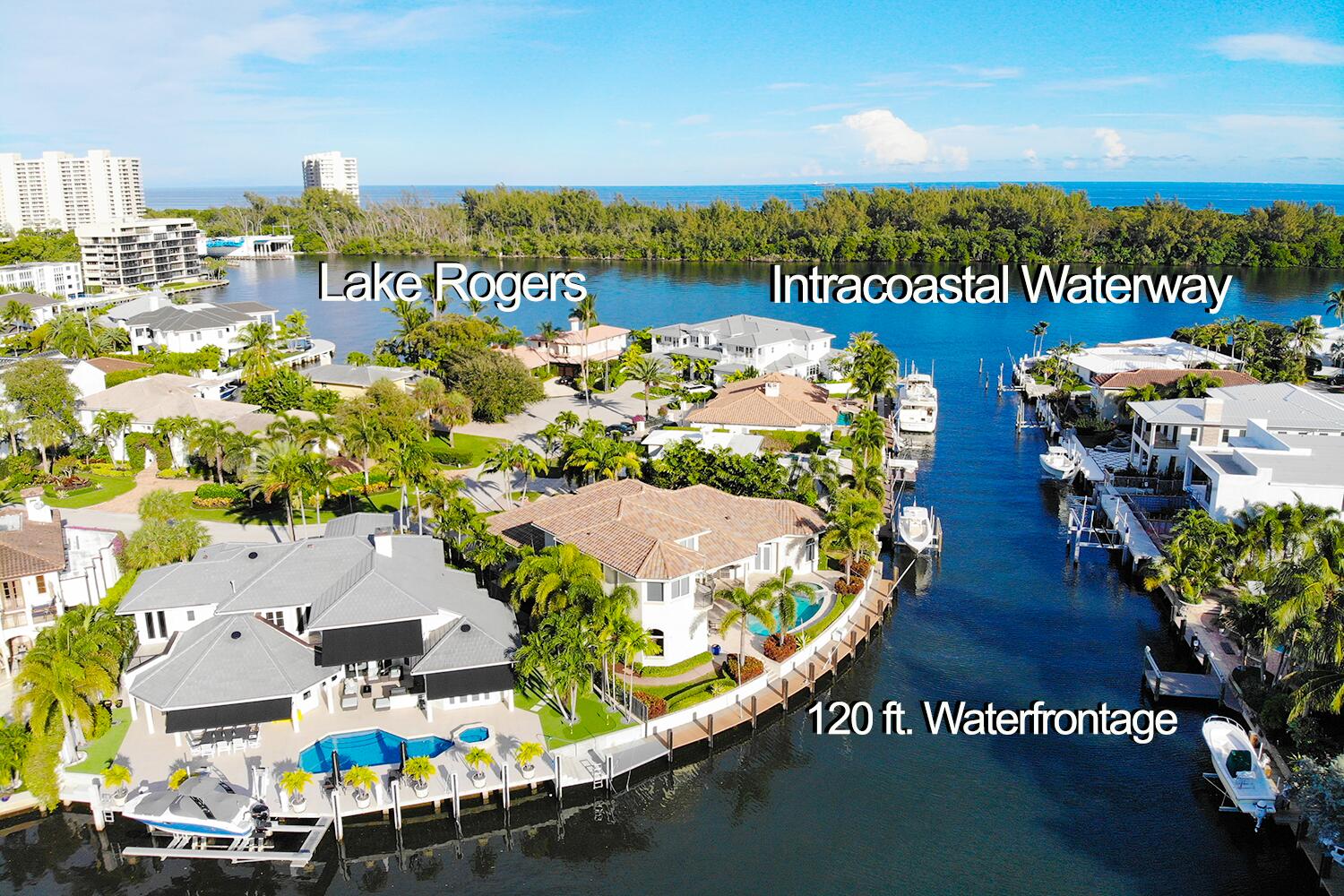 LAKE ROGERS ISLE– Waterfront Estate with 120 ft. of protected waterfront for your yacht's new hailing port. This 75 ft. wide canal with a 150 ft. wide turning basin only 350 ft. from the Intracoastal waterway with no fixed bridges.

Custom-built PRIVATE home on ¼ Acre quiet cul-de-sac is offered for the 1st time since constructed in 2010. Meticulous planning went into every phase of construction with 4 bedrooms, 5-1/2 baths, 3 car garage, chef's kitchen with natural gas cooktop, travertine floors, high volume 13 ft. ceilings, hurricane windows & doors, whole house generator.

PRIVATE Split bedrooms design with the Master VIP Suite on the 1st floor east, the 2 bedrooms, 2 baths Guest suite on the 2nd floor west with private balcony overlooking the covered pool patio with outdoor kitchen
