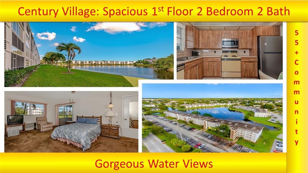 Amazing Find! Largest Unit Available In Century Village, Model (THE EXECUTIVE). 1ST FLOOR 2 BEDROOM 2 BATH WITH OVER 1300+- sqft. Split Bedroom Floor Plan. This Unit Is A Must See. Enjoy Resort Style Living At Its Finest With GORGEOUS PANORAMIC VIEWS OF THE WATER Right From The Screened Enclosed Patio! This Unit Boasts Large Walk-In Closets In All The Bedrooms. Oversized Master Suite With Sitting Area. Master Bath Has Dual Sinks & Standup Shower. Formal Dining & Living Areas. Take Advantage Of Century Village's Many Great Amenities Including Fitness Center FITNESS CENTER, COMMUNITY POOL SAUNA, CAFE, THEATER, TENNIS COURTS & MUCH MUCH MORE! THIS IS A MUST SEE! TAKE YOUR VIRTUAL 360 TOUR NOW BY CLICKING THE VIRTUAL TOUR BUTTON!
