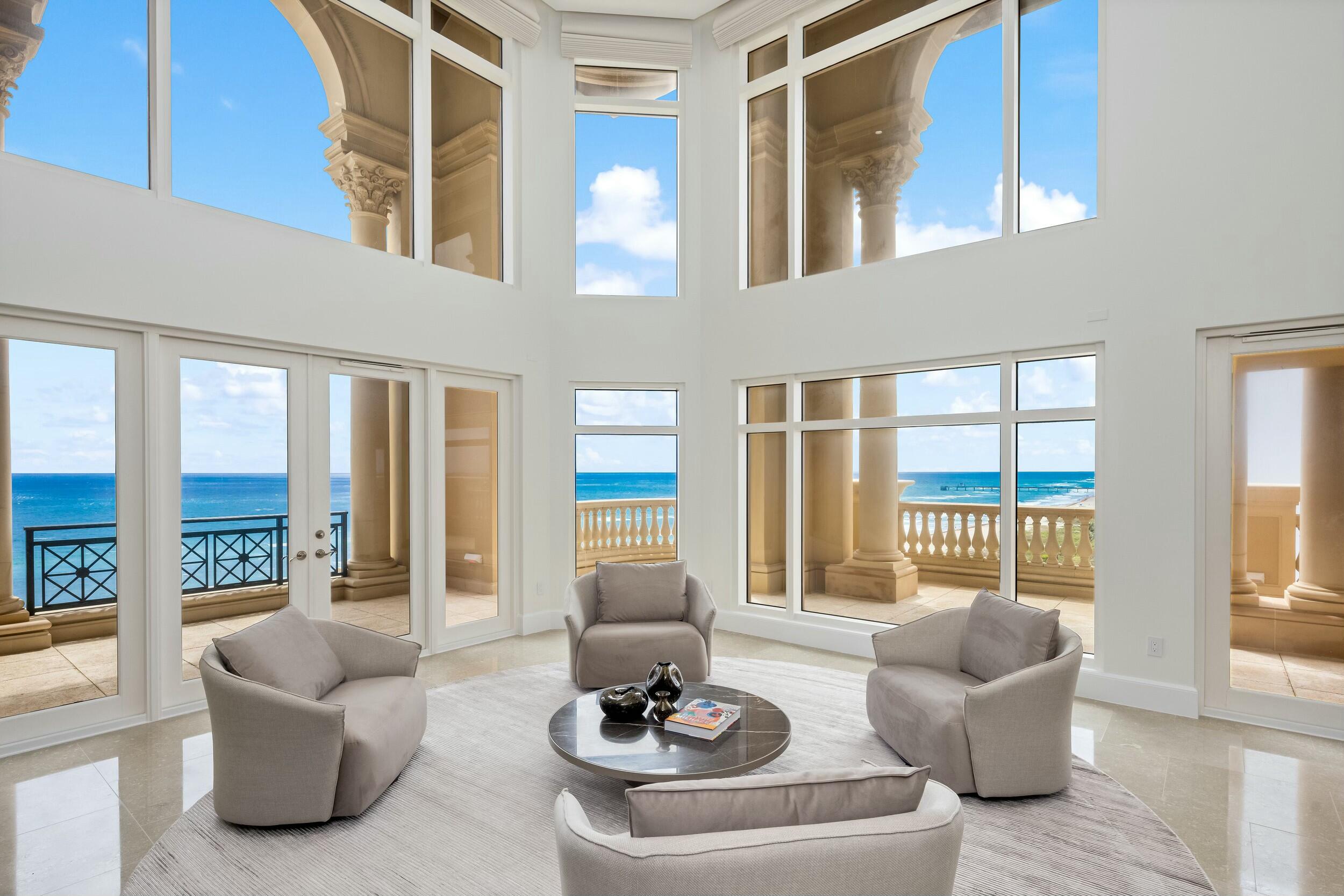 Exceptional value with expansive oceanfront views. Welcome to Penthouse 903 at Luxuria—an iconic, two-story sky residence that offers nearly 8,000 square feet of refined interiors and endless ocean views. As the largest available condominium in Boca Raton, this once-in-a-generation offering is a rare chance to own a home of unprecedented scale and distinction in one of South Florida's most exclusive beachfront addresses.  Elevated above the Atlantic on the 9th and 10th floors, this six-bedroom, seven-bathroom plus powder room penthouse boasts panoramic vistas of both the ocean and Intracoastal, visible from nearly every room.  A private elevator opens into your own entry foyer, revealing expansive living and entertaining spaces bathed in natural light. The oversized living room stuns with soaring double height ceilings and dramatic walls of glass framing the endless blue horizon.  The newly refreshed residence features gleaming wood floors on the upper level and freshly painted interiors throughout. A chef's kitchen is outfitted with top tier appliances, custom cabinetry, and a generous island, making it ideal for entertaining and daily luxury. Multiple office spaces support a modern work from home lifestyle.  The grand primary suite is a private retreat unto itself, offering direct access to a spacious ocean facing balcony with its own private hot tub perfect for sunset soaks. Inside, the suite is complete with dual spa inspired bathrooms, dual custom walk in closets, a wet bar, and a personal refrigerator for elevated convenience and comfort.  An in unit gym and sauna create a complete wellness experience, bringing the spa home. The residence also includes a private elevator connecting both levels seamlessly for ease and elegance. For added exclusivity and convenience, the penthouse comes with its own private three car garage, an exceedingly rare amenity in oceanfront living.  Luxuria is an ultra luxury, full service building offering 24 hour concierge, valet, beachfront service, oceanfront pool, fitness center, and world class privacy, all moments from the finest dining, golf, and culture in Boca Raton.  A trophy residence of this caliber is rarely available. Penthouse 903 at Luxuria is not just a home, it's a legacy.