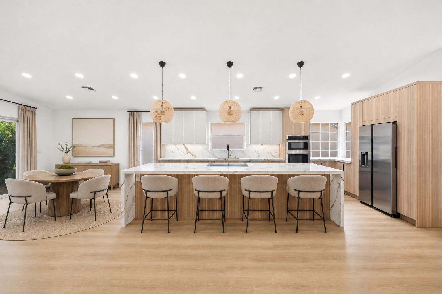 This stunning, truly move-in ready 3-bedroom, 2-bath residence showcases timeless design and offers the perfect setting for both everyday living and effortless entertaining. Major improvements provide complete peace of mind, including NEW 2026 impact-glass windows and doors, a NEW hurricane-rated garage door, and a 2020 roof. At the heart of the home is a custom open-concept kitchen featuring an oversized center island, NEW stainless steel appliances, and sleek contemporary finishes that seamlessly flow into the spacious living areas.  Both bathrooms have been beautifully designed with floor-to-ceiling tile and spa-inspired finishes, while NEW flooring, interior paint, fixtures, designer finishes, and a fully tiled garage create a refined, cohesive aesthetic throughout. The exterior is equally impressive, featuring NEW exterior paint (2026) complemented by NEW landscaping, privacy fence, irrigation system, and lighting. Relax or entertain on the expansive newly re-paved wraparound patio overlooking tranquil garden views, offering exceptional outdoor living space with both privacy and room to gather. Ideally located within Delray Beach's highly desirable Bel Aire gated community, residents enjoy a heated swimming pool, fitness center, tennis courts, clubhouse, 24-hour gated security, high-speed internet and cable, and full lawn and landscape maintenance. Just minutes from premier shopping, dining, entertainment, beautiful beaches, and top-rated schools, this exceptional home offers the perfect combination of luxury, comfort, and location.
