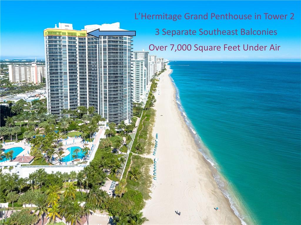 Southeast Ocean Grand Penthouse at L'Hermitage. A Regal Palace in the Sky! Largest available on highest floor of complex. Over 7,000 square feet of living space w/ 6 separate balconies. All encompassing 270 degrees of breathtaking views for sunrises, sunsets, city views, coastline views, intercoastal views.  11' ceilings, private elevators, recently upgraded HIGH IMPACT windows and doors throughout. 6 bedrooms, 6.5 baths, 2 kitchens, formal office, extra storage, separate entrances for large families that want their own living areas. 3 Prime parking spaces included! This one of kind magnificent unit is a must see. L'Hermitage is over 10+acres resort style living with a 2.5 acre pool deck, café, pools, spas, saunas, steam, attended beach, pets ok