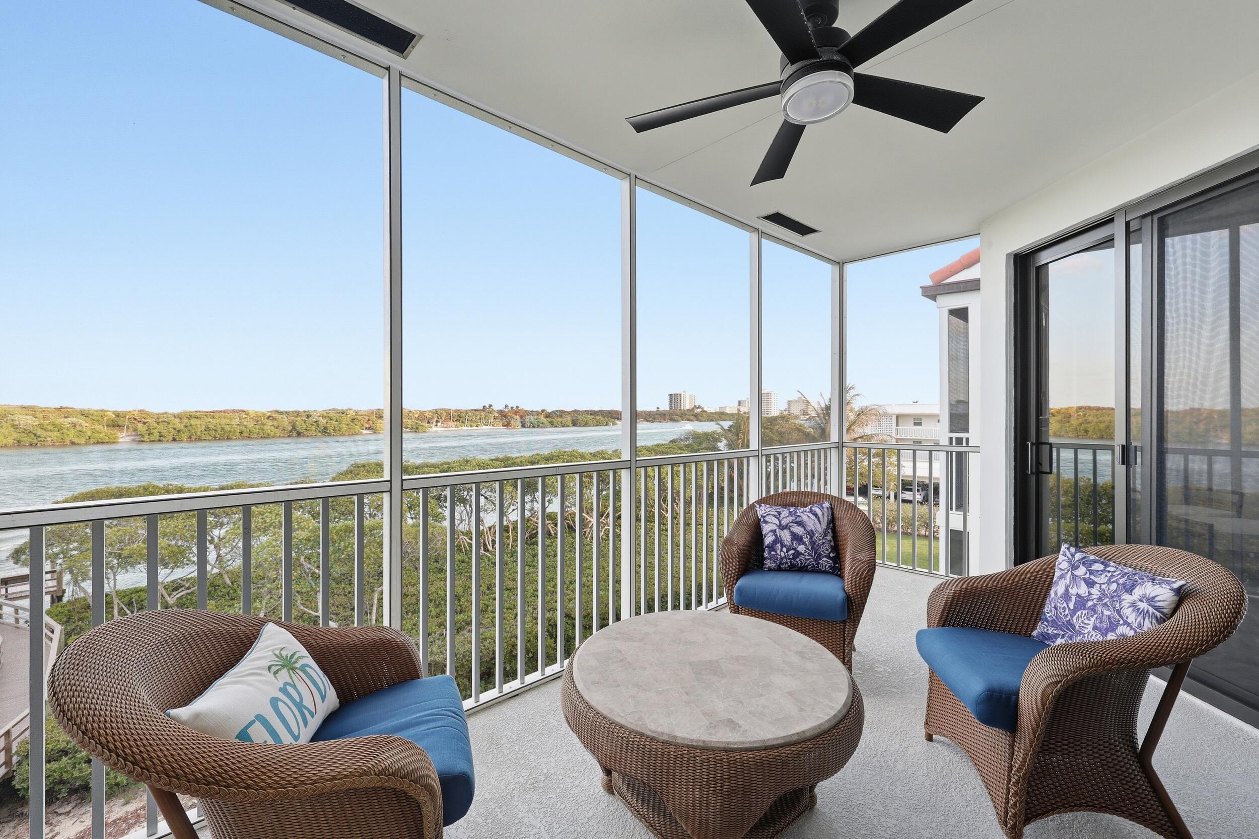 Beautifully updated 2-bedroom, 2-bathroom waterfront condo located on the third floor along the Intracoastal Waterway in Tequesta. This residence offers panoramic water views and high ceilings that enhance the light and open feel. Renovations include luxury vinyl flooring (2021), new paint and trim work, an updated kitchen and bathrooms, impact sliding glass doors and windows and new A/C (2023). The community features a serene pool and day docks for boaters with direct Intracoastal access. Designated, covered parking and ample guests spaces available. Ideally situated within walking distance to Tequesta's restaurants and shops, offering a convenient coastal lifestyle in a quiet, well-maintained setting.